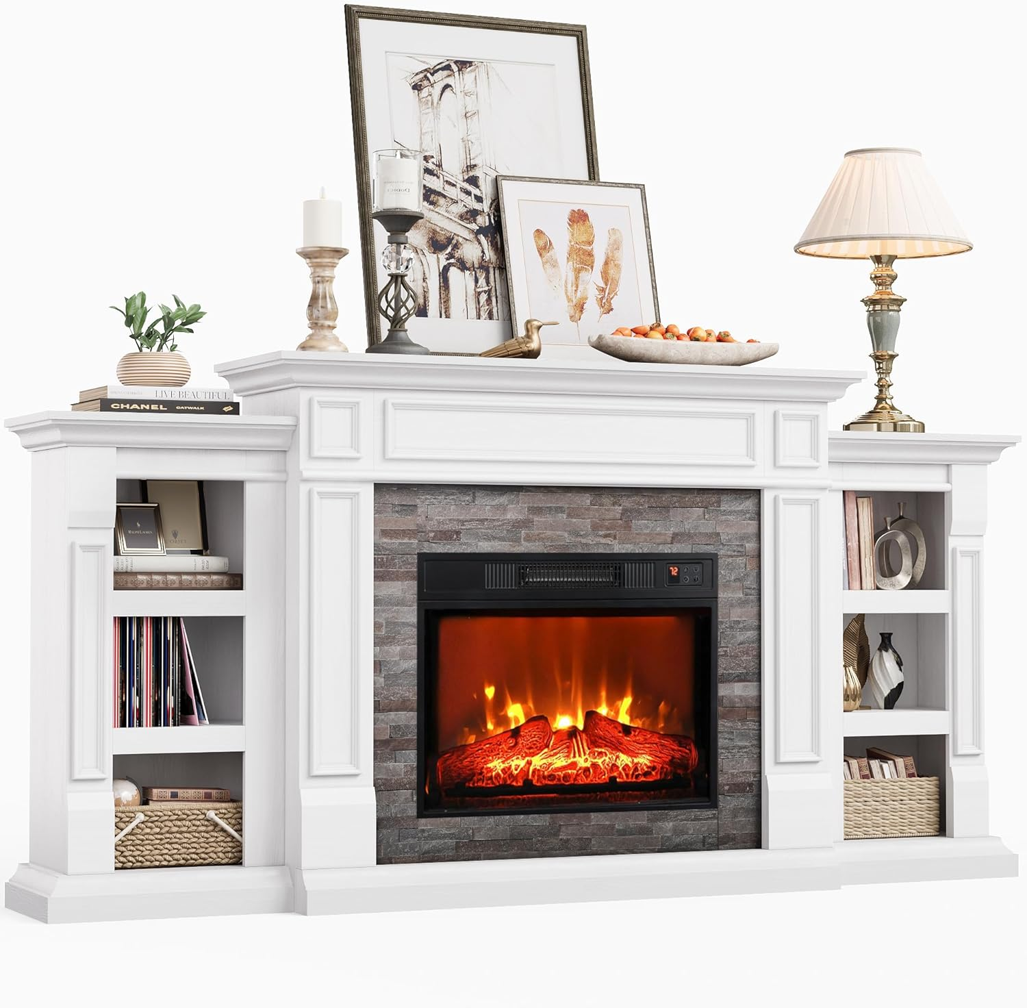 Naice 72" Electric Fireplace with Mantel and Cabinets, Fireplace TV Stand for Living Room