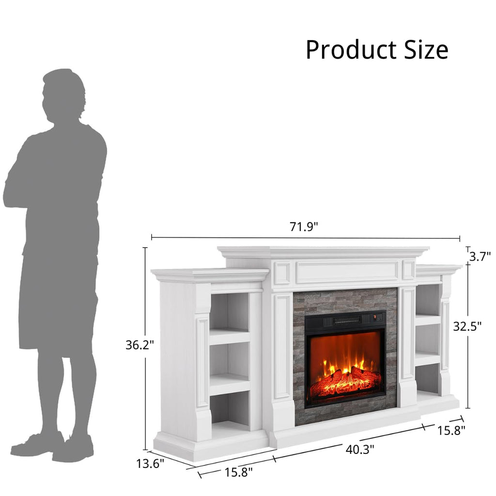 Naice 72" Electric Fireplace with Mantel and Cabinets, Fireplace TV Stand for Living Room Bedroom, Stacked Stone Surround and Remote Control 3D Realistic Flame