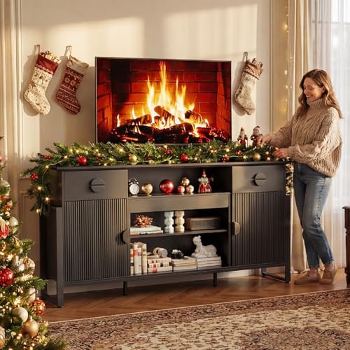 Naice TV Stand for 80 Inch TVs, LED Entertainment Center with Power Outlet, Farmhouse TV Stand w/Drawers & Sliding Barn Door, Media Console with Storage Cabinets for Living Room, White&Brown