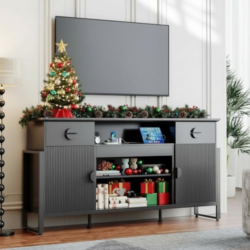 Naice TV Stand for 80 Inch TVs, LED Entertainment Center with Power Outlet, Farmhouse TV Stand w/Drawers & Sliding Barn Door, Media Console with Storage Cabinets for Living Room, White&Brown
