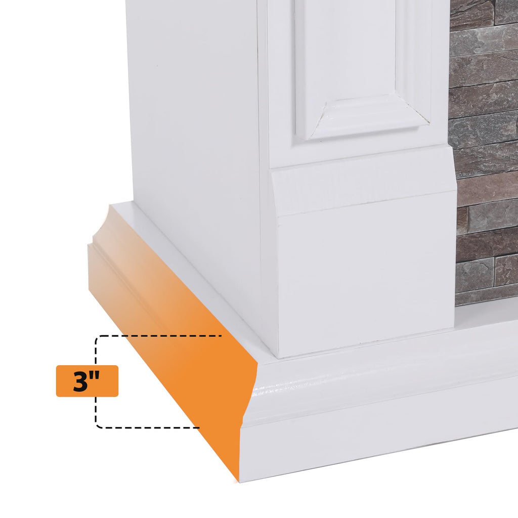 44" Electric Fireplace Mantel, LED Farmhouse TV Stand with Electric Fireplace Heater, Stacked Stone Surround and Remote Control 3D Realistic Flame, White Fireplace for Living Room Bedroom