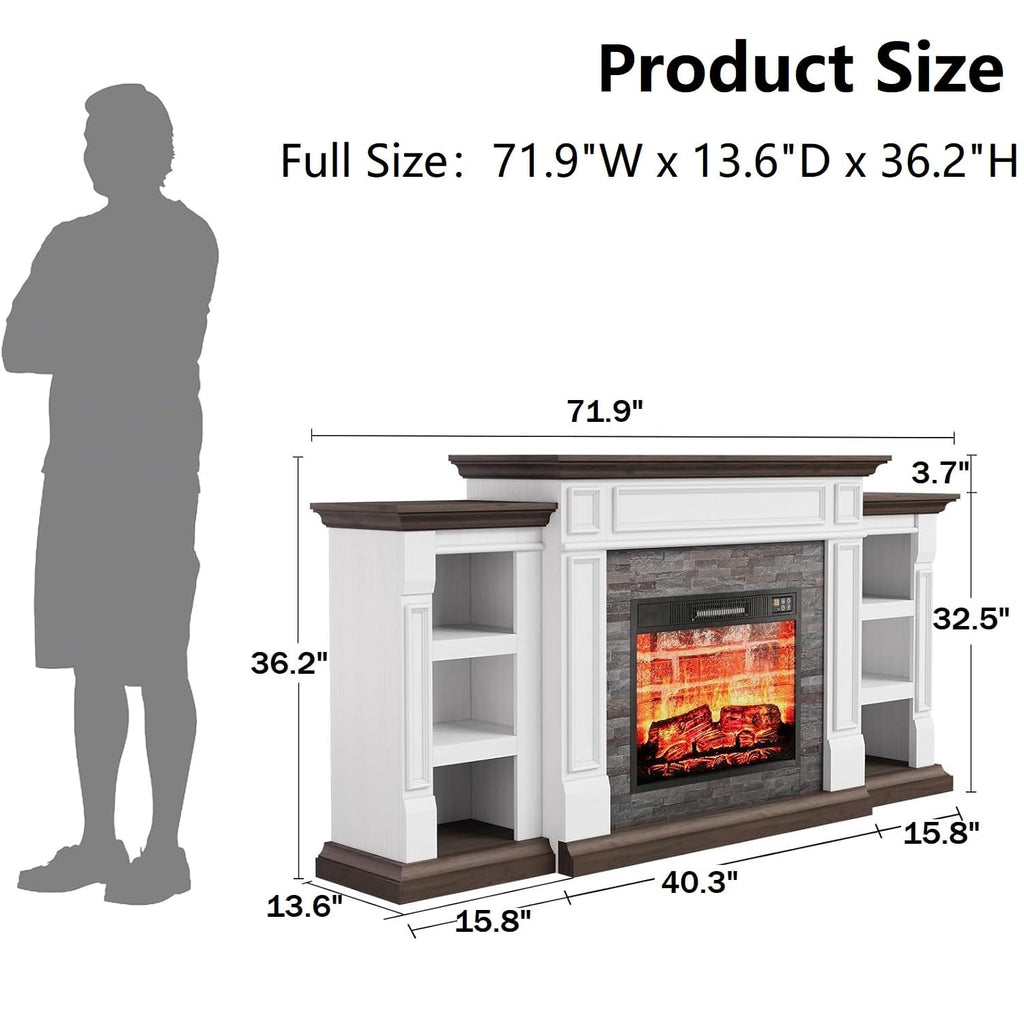 Naice 72" Electric Fireplace with Mantel and Cabinets, Fireplace TV Stand for Living Room Bedroom, Stacked Stone Surround and Remote Control 3D Realistic Flame, Black