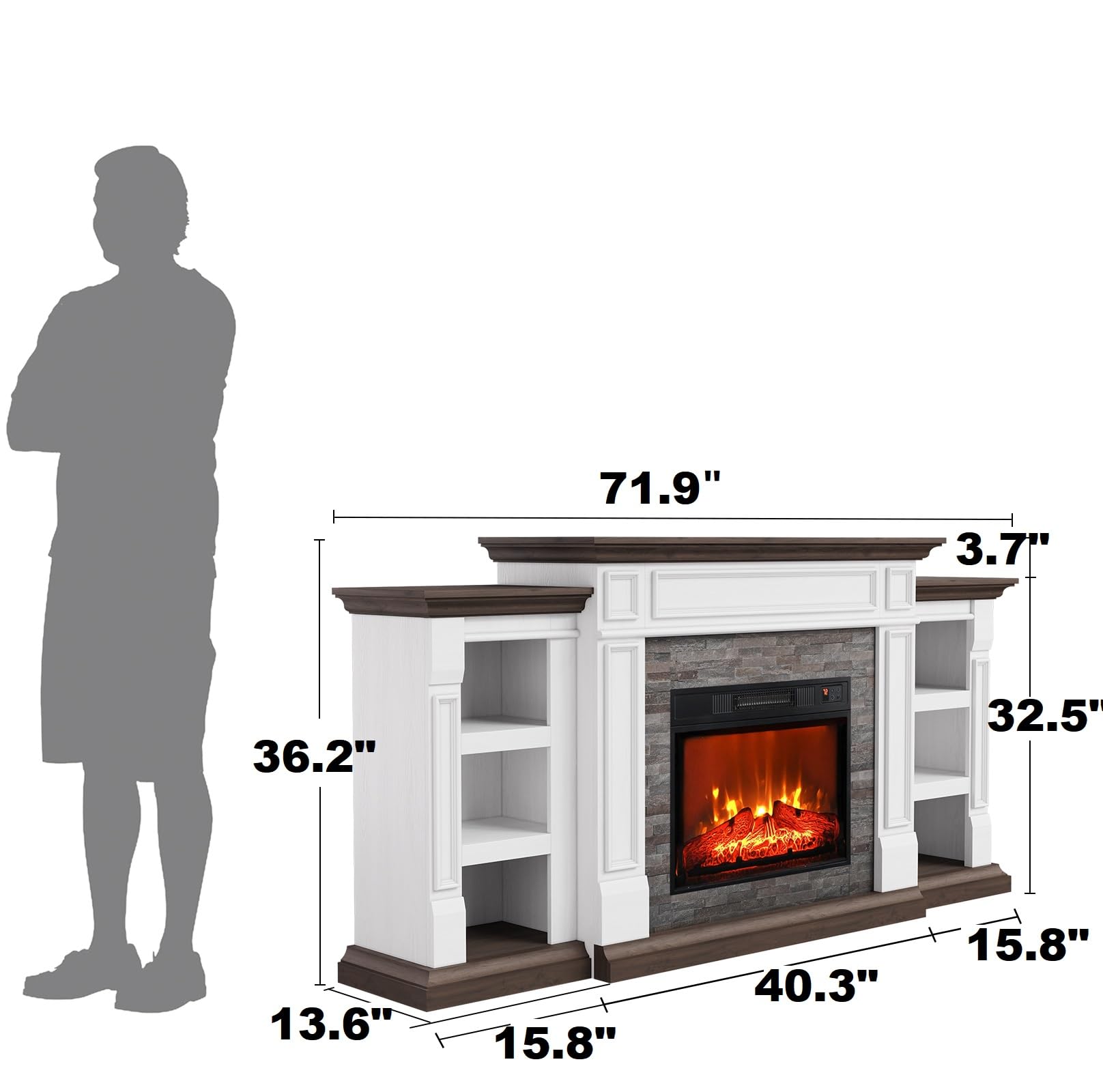 44" Electric Fireplace Mantel, LED Farmhouse TV Stand with Electric Fireplace Heater, Stacked Stone Surround and Remote Control 3D Realistic Flame, White Fireplace for Living Room Bedroom