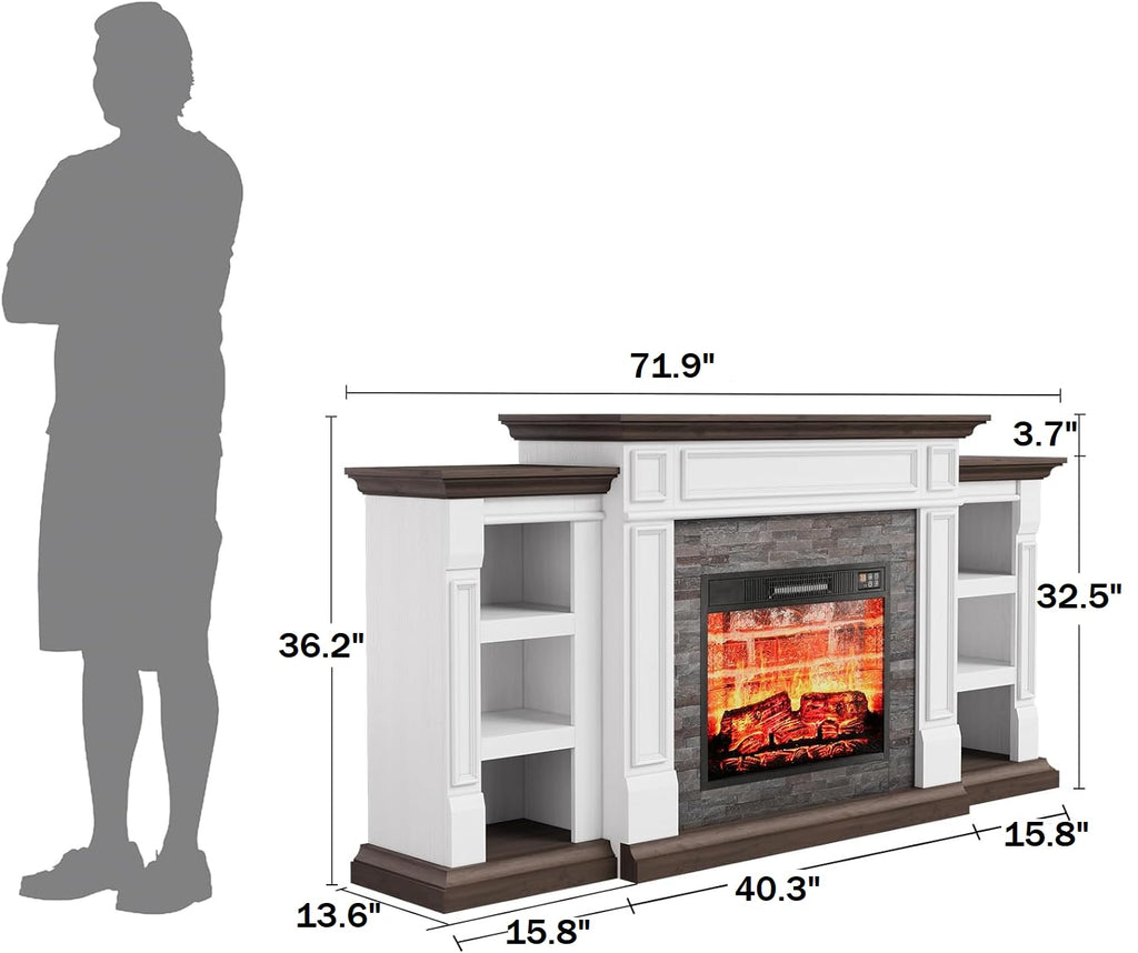 Naice 72" Electric Fireplace with Mantel and Cabinets, Fireplace TV Stand for Living Room Bedroom, Stacked Stone Surround and Remote Control 3D Realistic Flame, Black