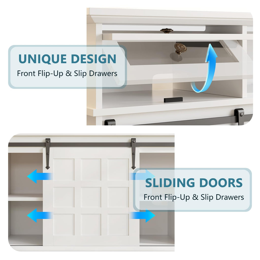 Naice TV Stand for 80 Inch TVs, LED Entertainment Center with Power Outlet, Farmhouse TV Stand w/Drawers & Sliding Barn Door, Media Console with Storage Cabinets for Living Room, White&Brown