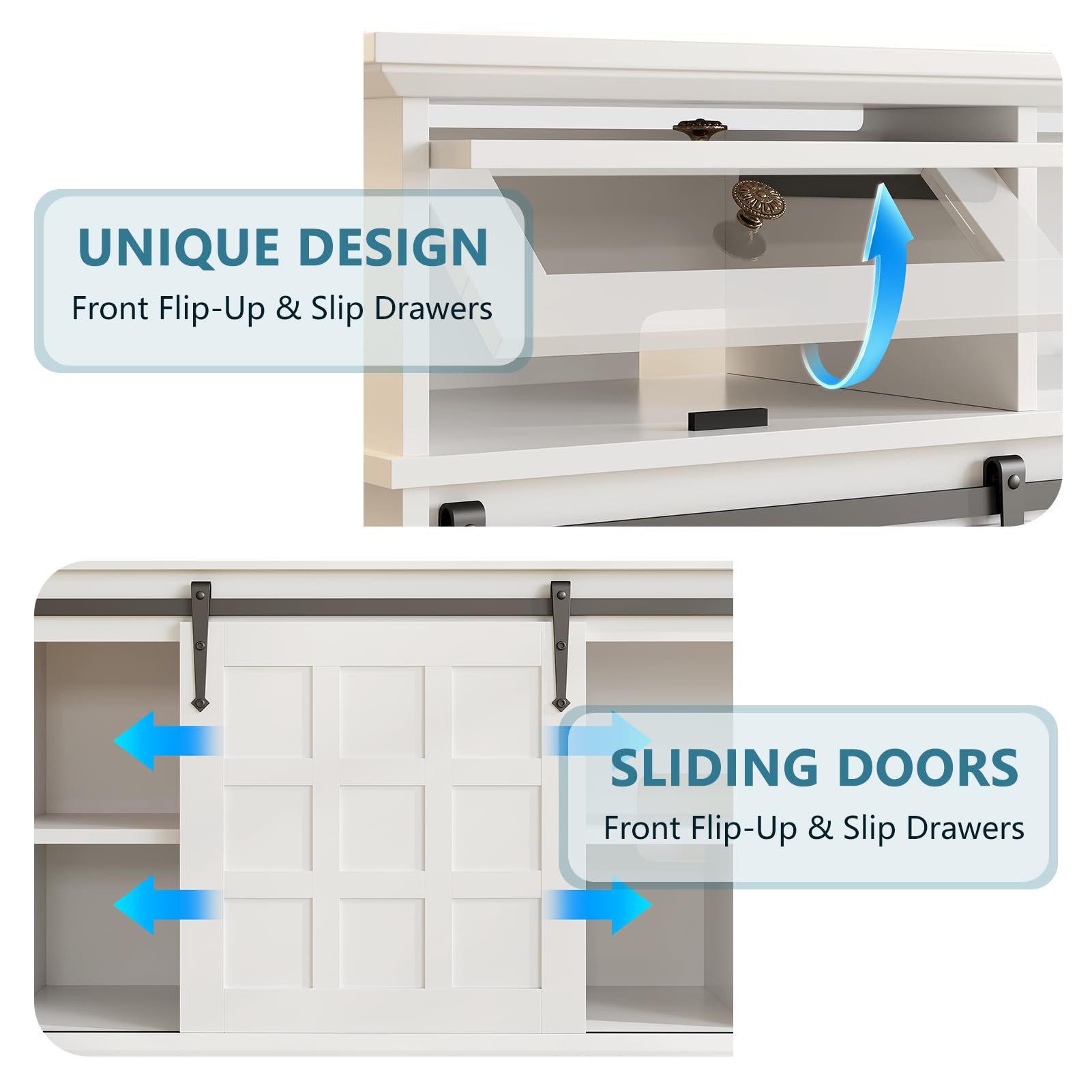 Naice TV Stand for 80 Inch TVs, LED Entertainment Center with Power Outlet, Farmhouse TV Stand w/Drawers & Sliding Barn Door, Media Console with Storage Cabinets for Living Room, White&Brown