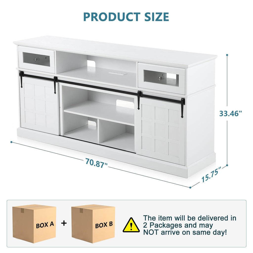 Naice TV Stand for 80 Inch TVs, LED Entertainment Center with Power Outlet, Farmhouse TV Stand w/Drawers & Sliding Barn Door, Media Console with Storage Cabinets for Living Room, White&Brown