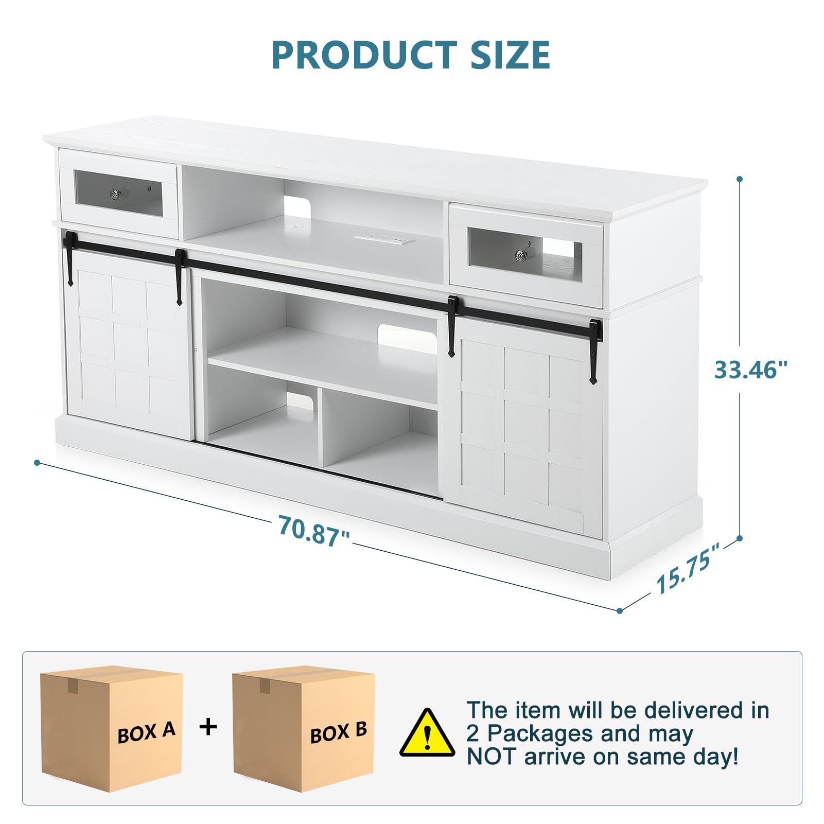 Naice TV Stand for 80 Inch TVs, LED Entertainment Center with Power Outlet, Farmhouse TV Stand w/Drawers & Sliding Barn Door, Media Console with Storage Cabinets for Living Room, White&Brown