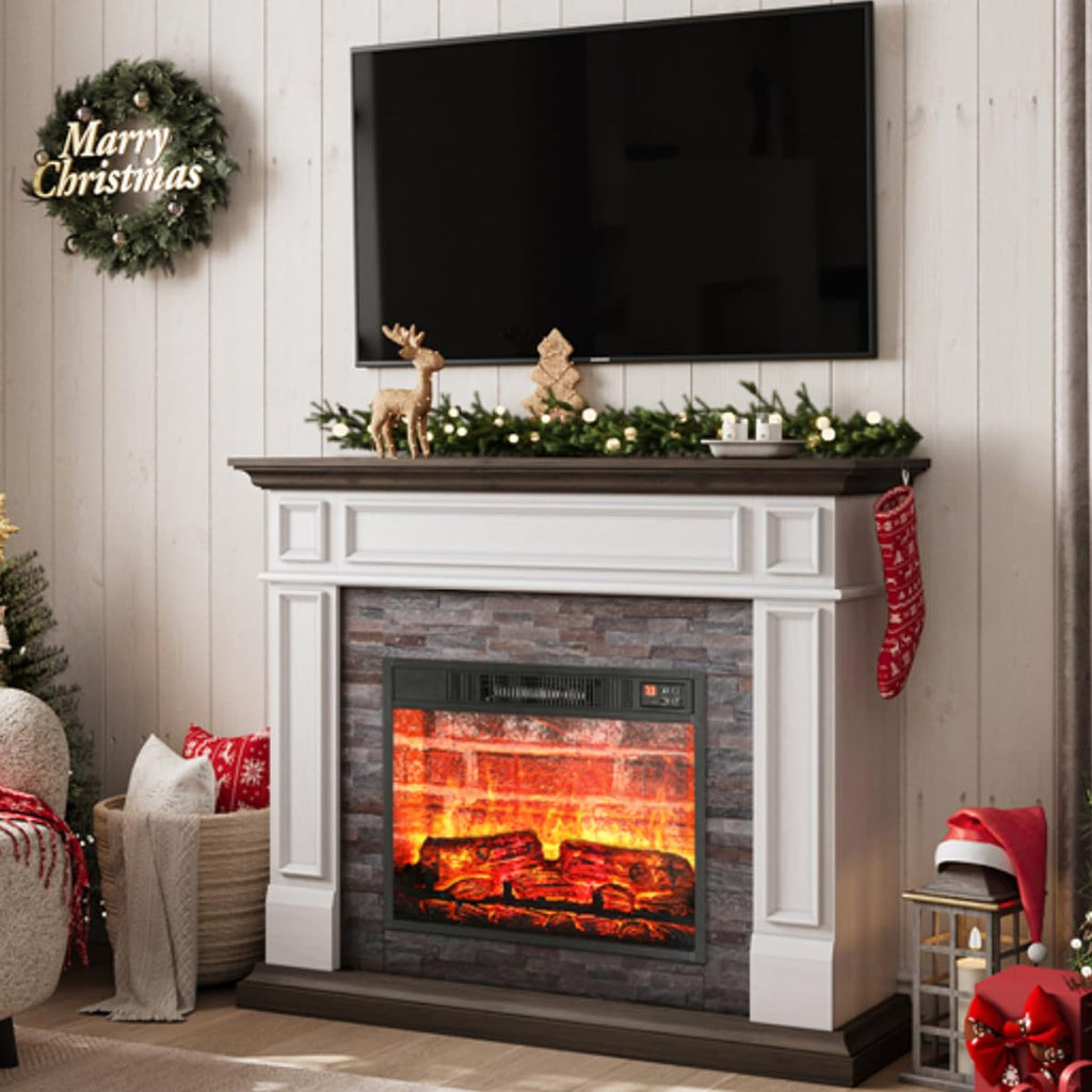 44" Electric Fireplace Mantel, LED Farmhouse TV Stand with Electric Fireplace Heater, Stacked Stone Surround and Remote Control 3D Realistic Flame, White Fireplace for Living Room Bedroom
