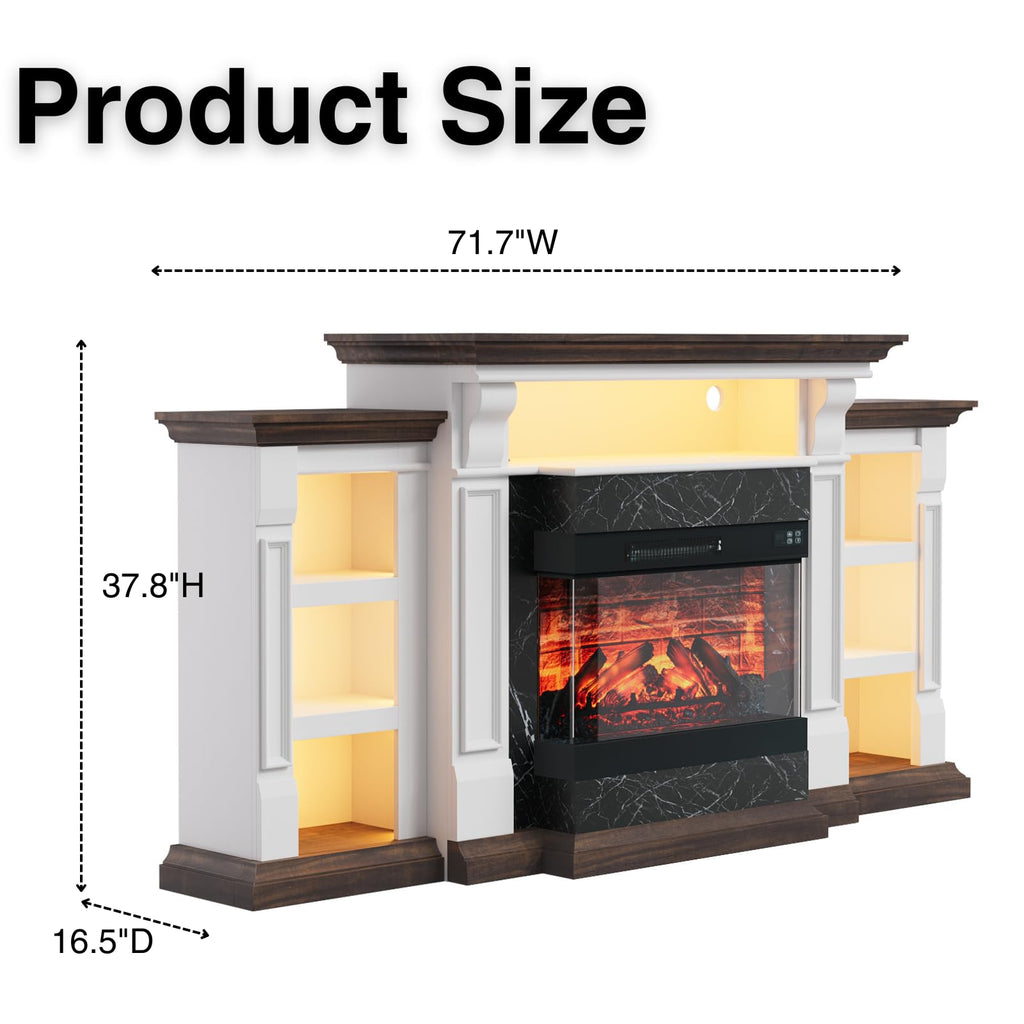 44" Electric Fireplace Mantel, LED Farmhouse TV Stand with Electric Fireplace Heater, Stacked Stone Surround and Remote Control 3D Realistic Flame, White Fireplace for Living Room Bedroom