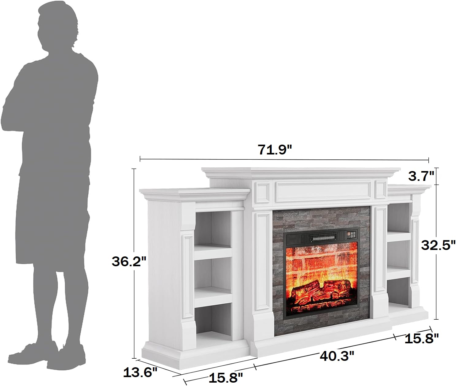 Naice 72" Electric Fireplace with Mantel and Cabinets, Fireplace TV Stand for Living Room Bedroom, Stacked Stone Surround and Remote Control 3D Realistic Flame, Black