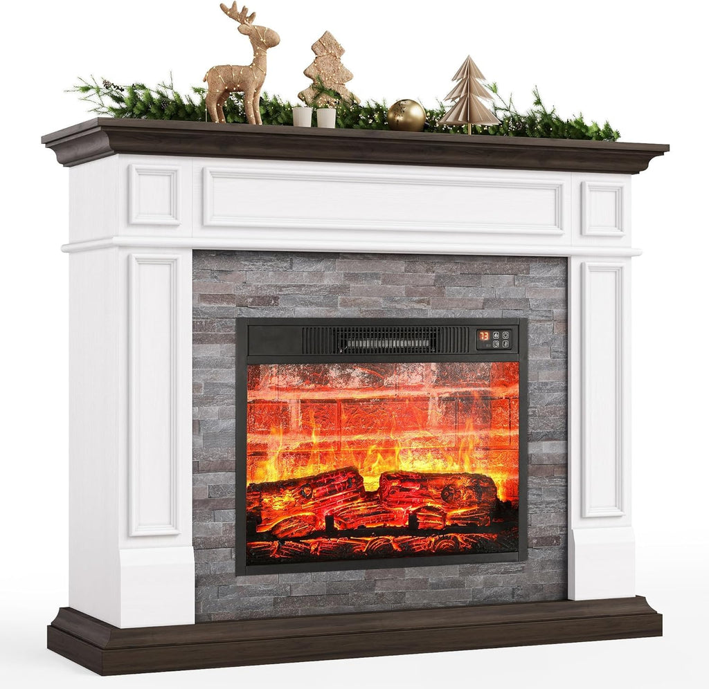 44" Electric Fireplace Mantel, LED Farmhouse TV Stand with Electric Fireplace Heater, Stacked Stone Surround and Remote Control 3D Realistic Flame, White Fireplace for Living Room Bedroom