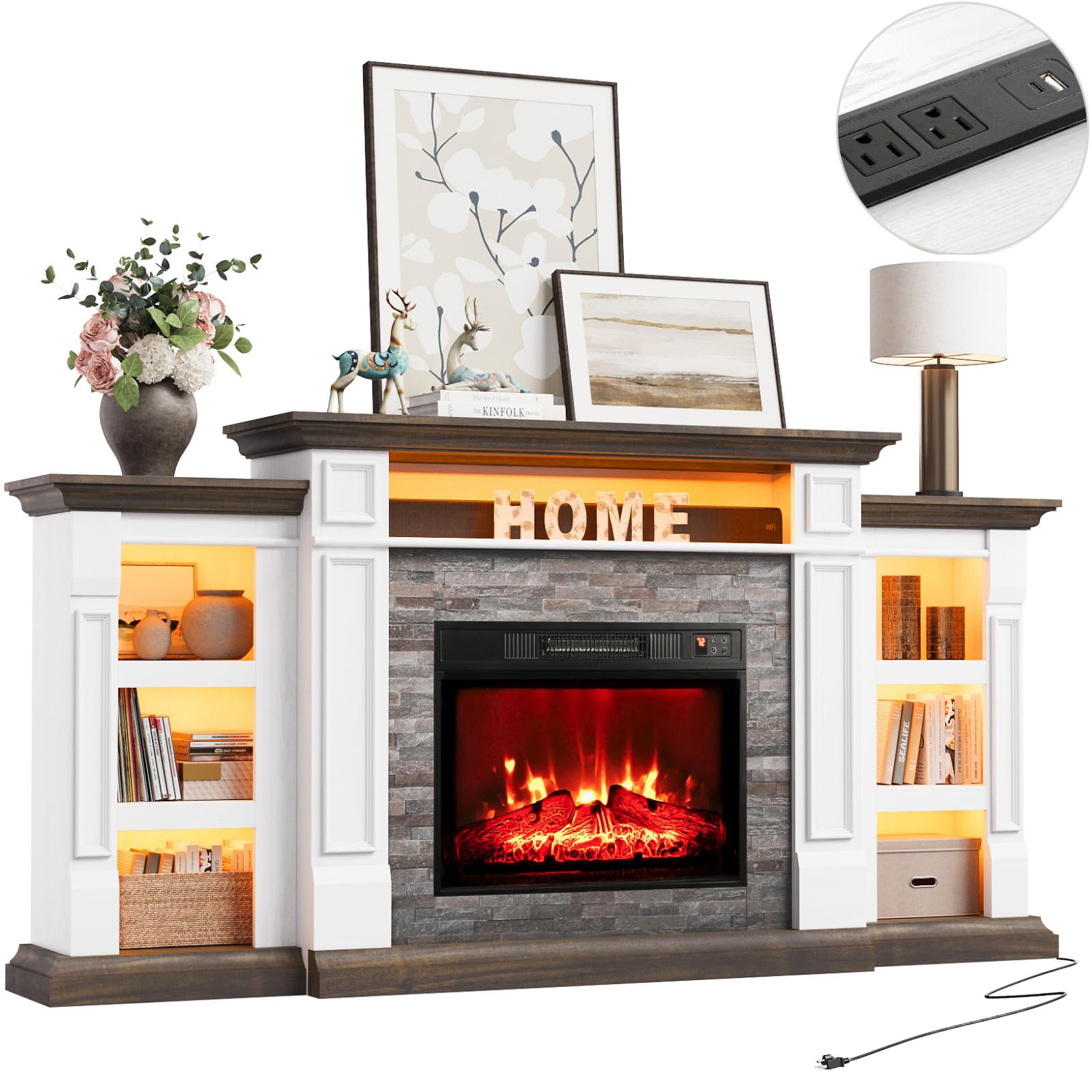 Naice 80" Electric Fireplace with Mantel and Cabinets