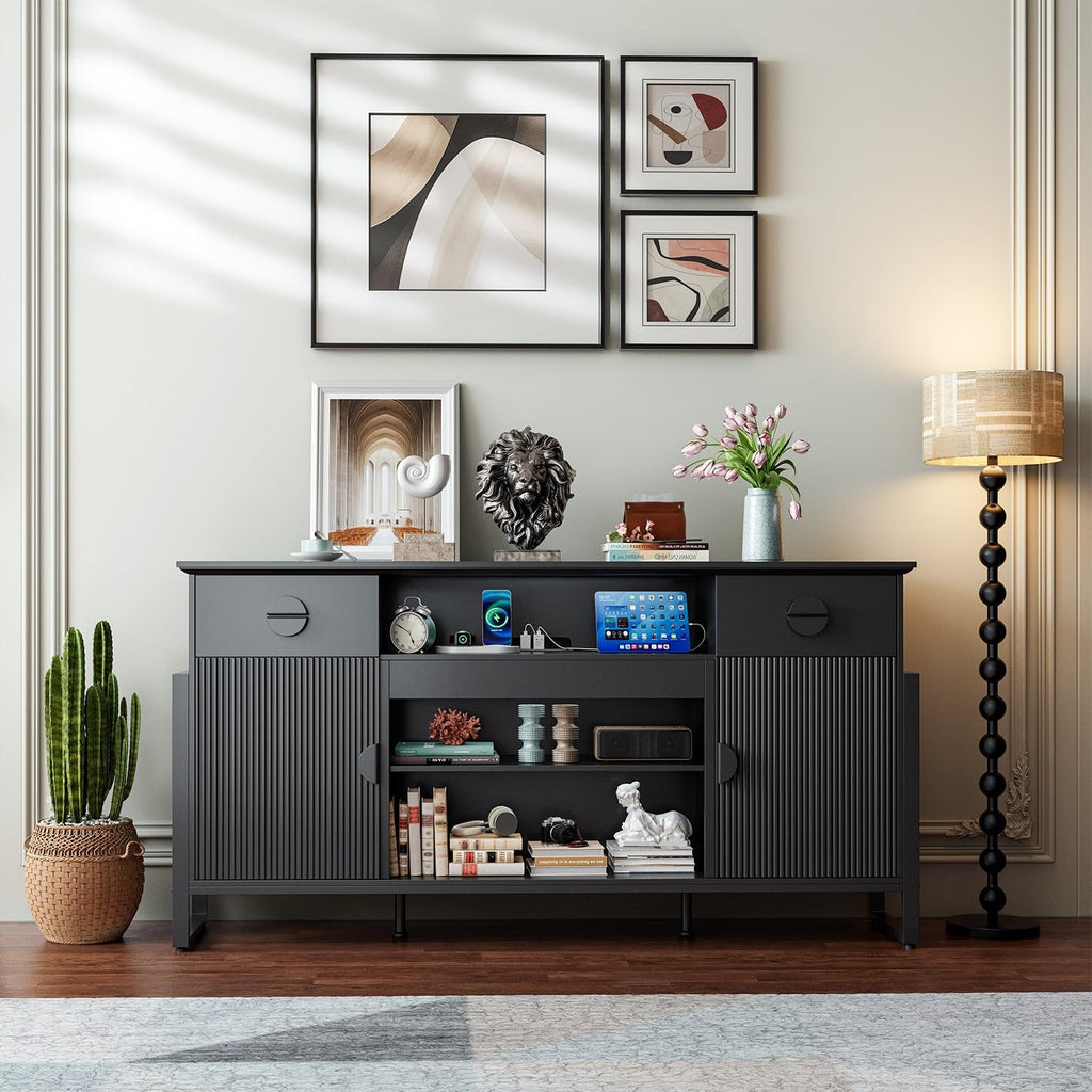 Naice TV Stand for 80 Inch TVs, LED Entertainment Center with Power Outlet, Farmhouse TV Stand w/Drawers & Sliding Barn Door, Media Console with Storage Cabinets for Living Room, White&Brown