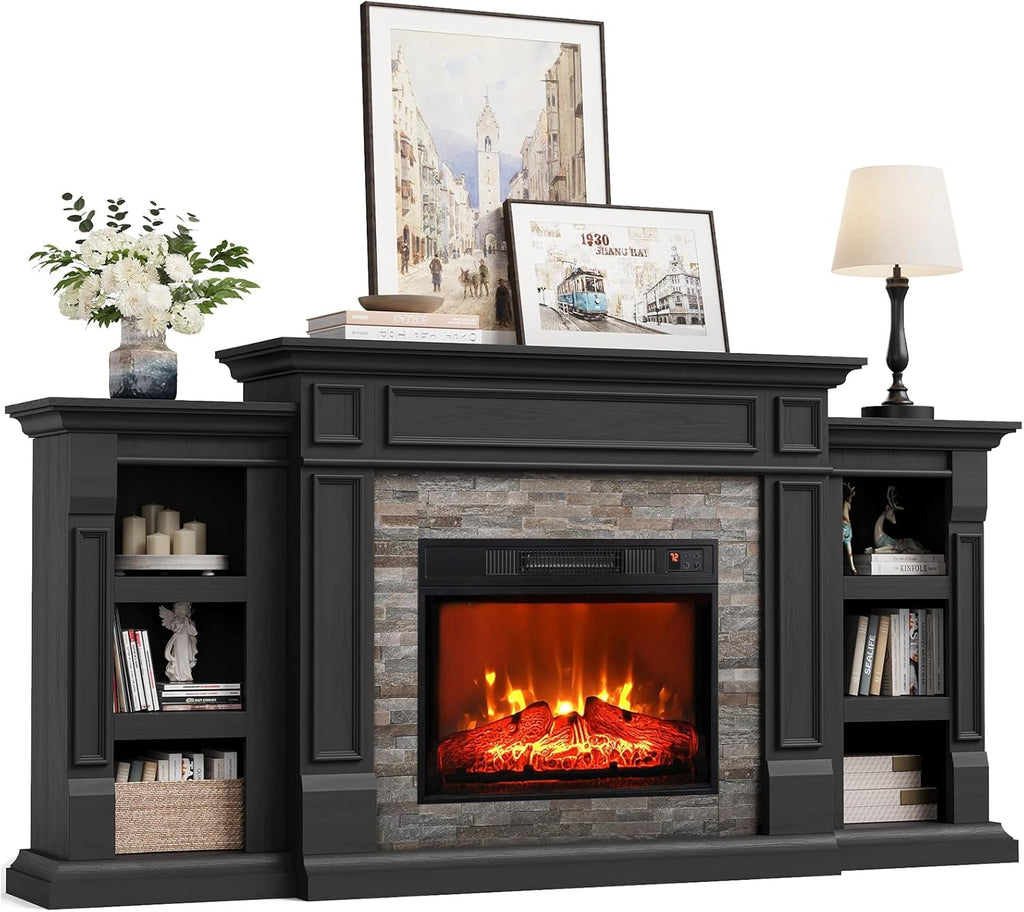Naice 72" Electric Fireplace with Mantel and Cabinets, Fireplace TV Stand for Living Room Bedroom, Stacked Stone Surround and Remote Control 3D Realistic Flame, Black