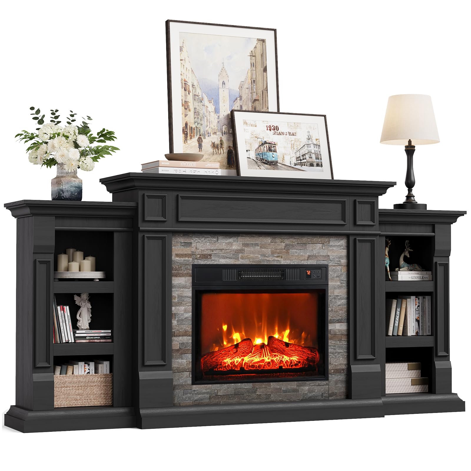 Naice 72" Electric Fireplace with Mantel and Cabinets
