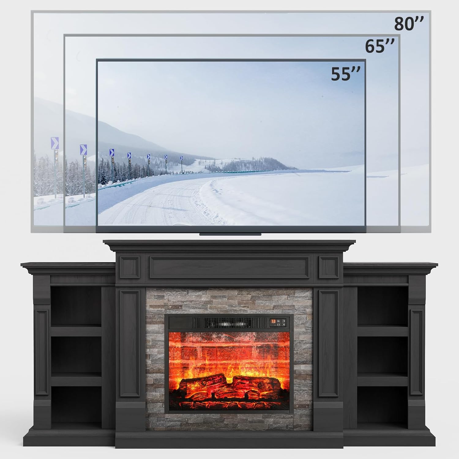 Naice 72" Electric Fireplace with Mantel and Cabinets, Fireplace TV Stand for Living Room Bedroom, Stacked Stone Surround and Remote Control 3D Realistic Flame