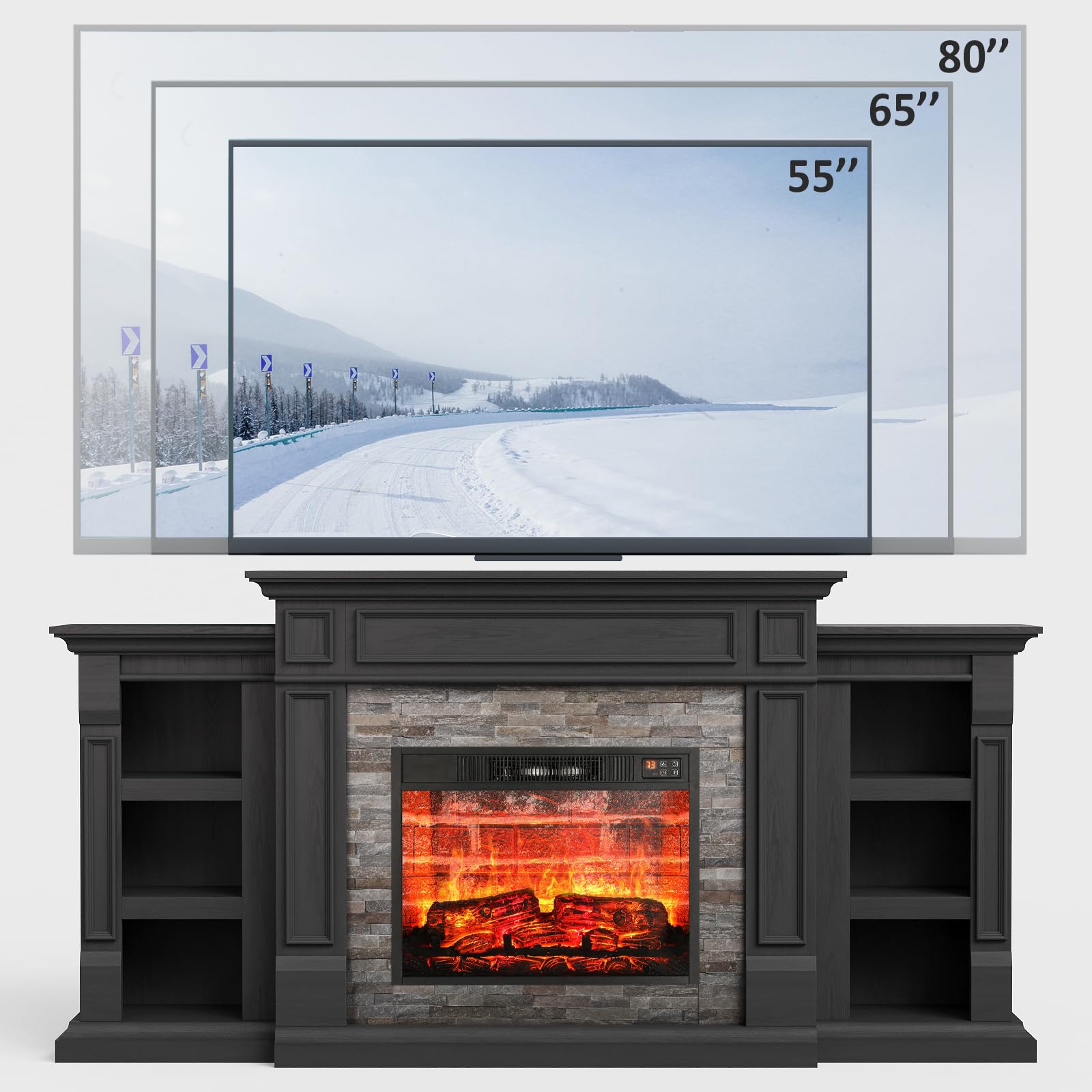 Naice 72" Electric Fireplace with Mantel and Cabinets, Fireplace TV Stand for Living Room Bedroom, Stacked Stone Surround and Remote Control 3D Realistic Flame, Black