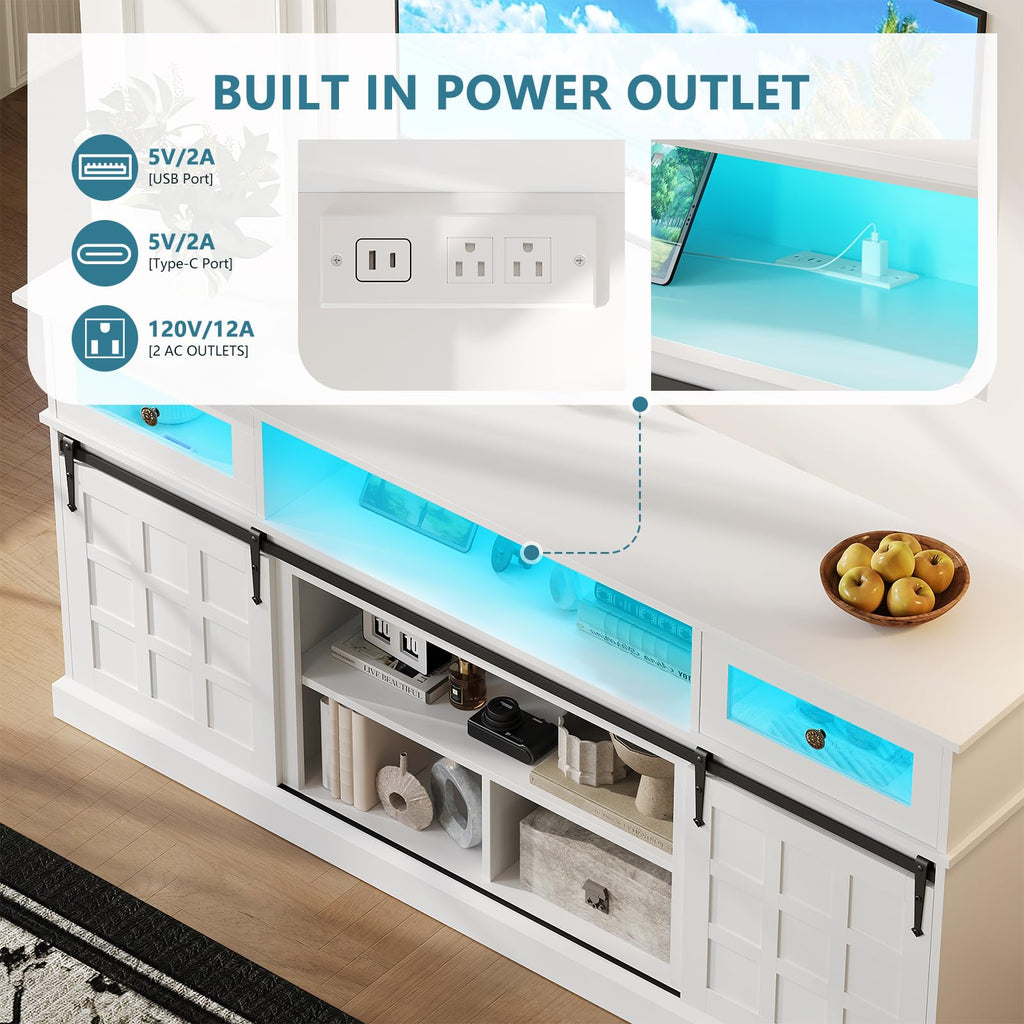 Naice TV Stand for 80 Inch TVs, LED Entertainment Center with Power Outlet, Farmhouse TV Stand w/Drawers & Sliding Barn Door, Media Console with Storage Cabinets for Living Room, White&Brown