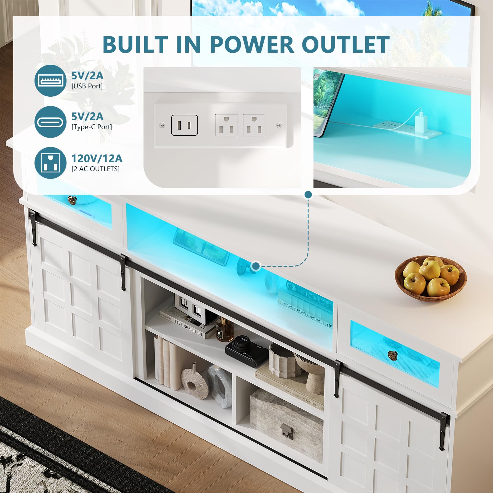 Naice TV Stand for 80 Inch TVs, LED Entertainment Center with Power Outlet, Farmhouse TV Stand w/Drawers & Sliding Barn Door, Media Console with Storage Cabinets for Living Room, White&Brown