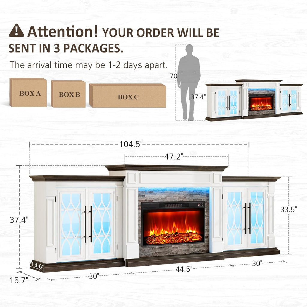 Naice 72" Electric Fireplace with Mantel and Cabinets, Fireplace TV Stand for Living Room Bedroom, Stacked Stone Surround and Remote Control 3D Realistic Flame, Black