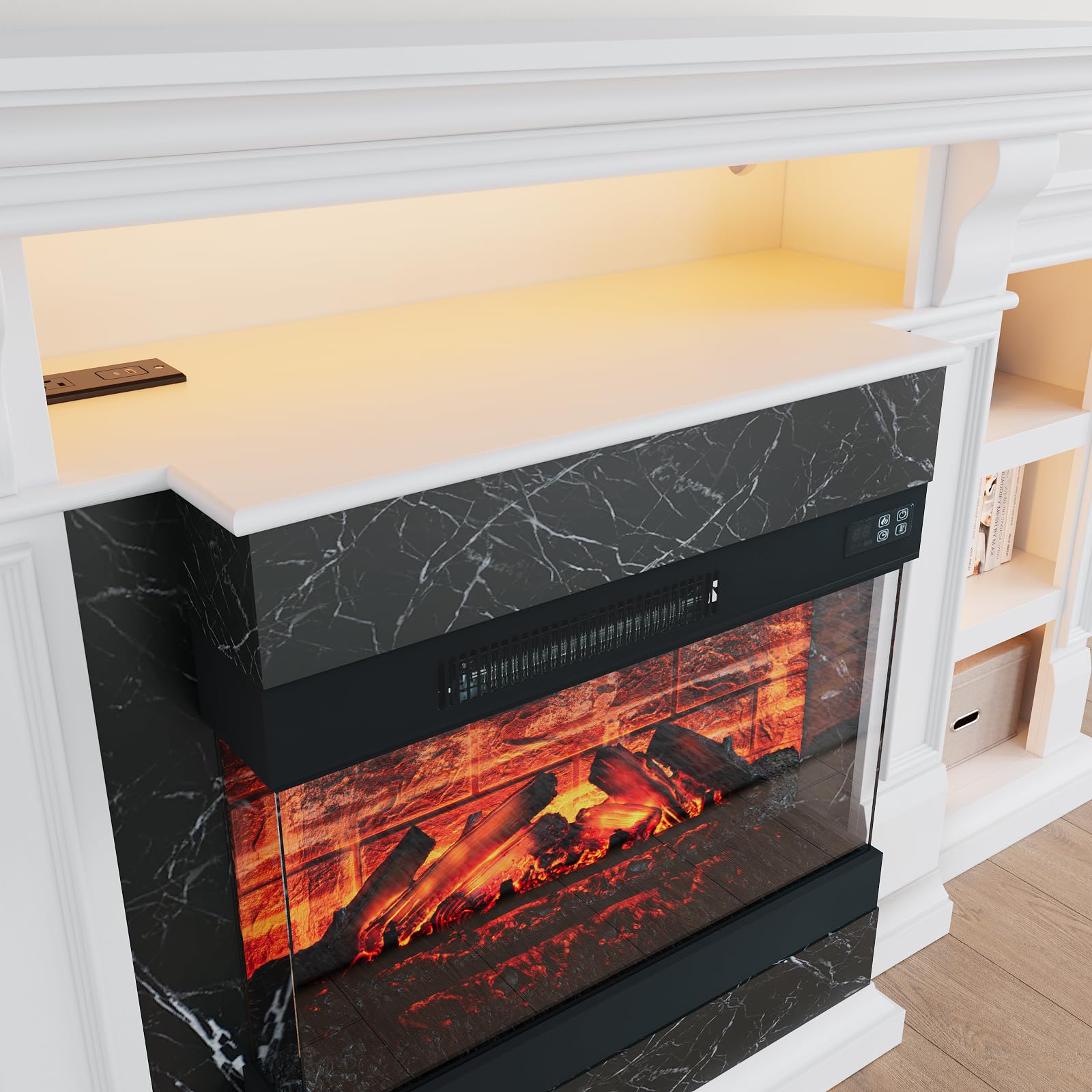 Naice 72" Electric Fireplace with Mantel, Freestanding Fireplace TV Stand with 23" 3-Side Glass Insert Heater for TVs Up to 80",Media Entertainment Center w/Storage Cabinet for Living Room,Black