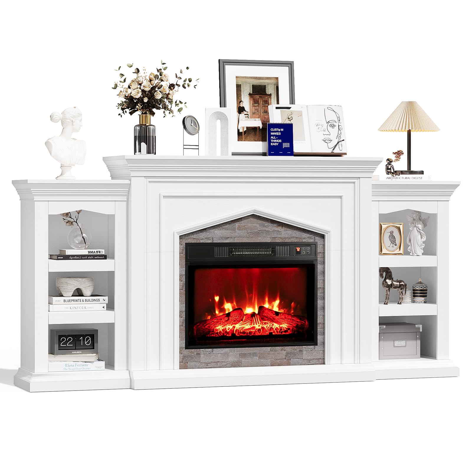 Naice 80" Electric Fireplace with Mantel, Fireplace TV Stand for TVs Up to 90in, Farmhouse Entertainment Center with Storage Cabinets, 23" Insert Heater w/Realistic Flame for Living Room, White