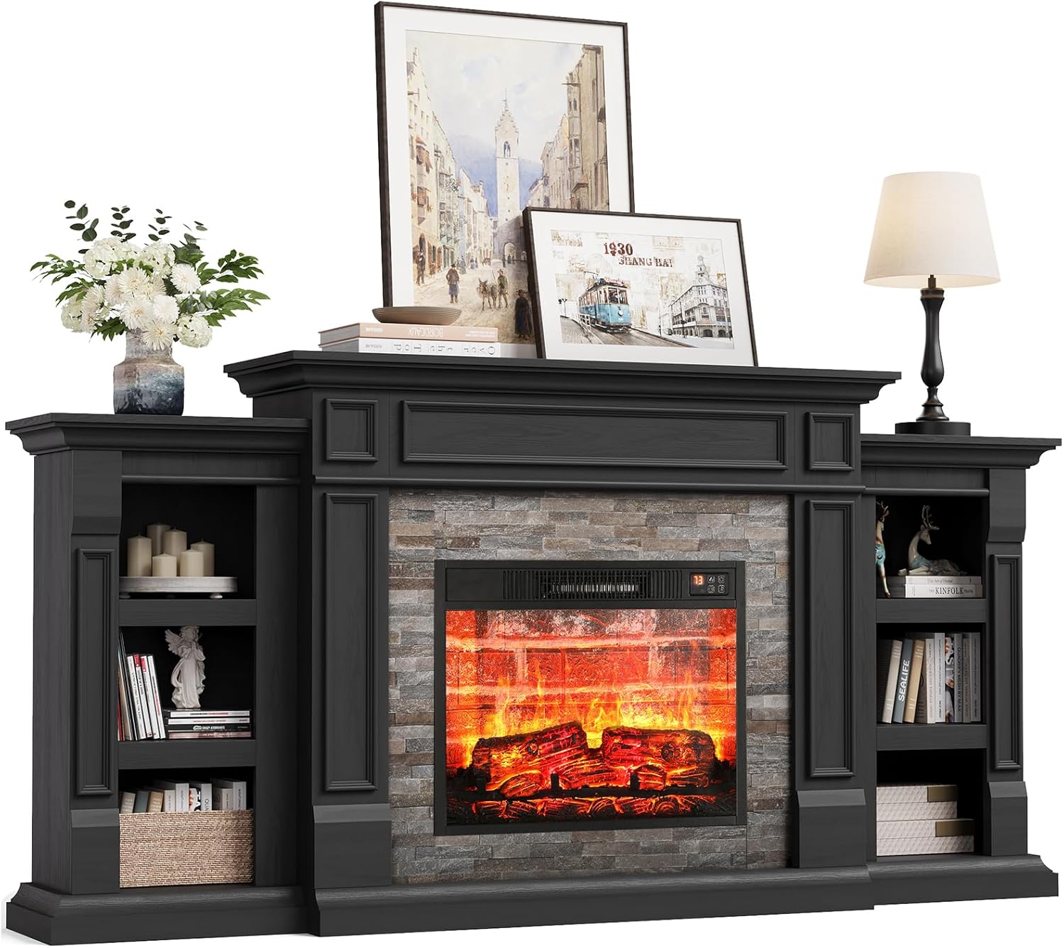 Naice 72" Electric Fireplace with Mantel and Cabinets, Fireplace TV Stand for Living Room Bedroom, Stacked Stone Surround and Remote Control 3D Realistic Flame