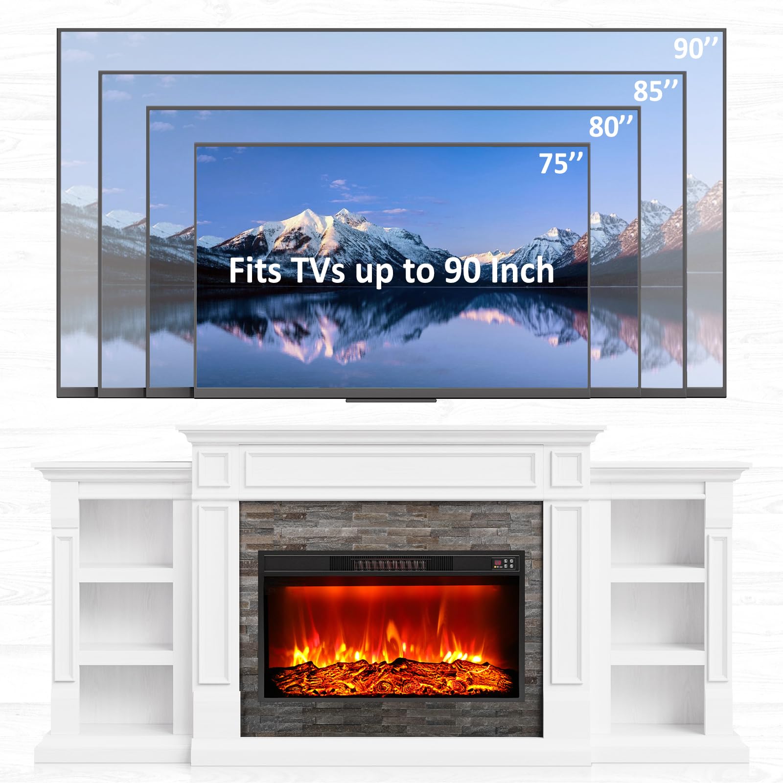 Naice 72" Electric Fireplace with Mantel and Cabinets, Fireplace TV Stand for Living Room Bedroom, Stacked Stone Surround and Remote Control 3D Realistic Flame