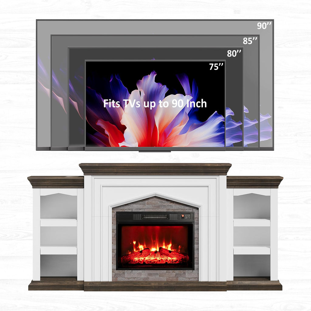 Naice 80" Electric Fireplace with Mantel, Fireplace TV Stand for TVs Up to 90in, Farmhouse Entertainment Center with Storage Cabinets, 23" Insert Heater w/Realistic Flame for Living Room, White