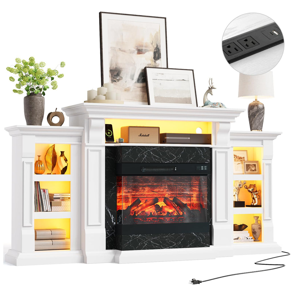 Naice 72" Electric Fireplace with Mantel, Freestanding Fireplace TV Stand with 23" 3-Side Glass Insert Heater for TVs Up to 80",Media Entertainment Center w/Storage Cabinet for Living Room,Black