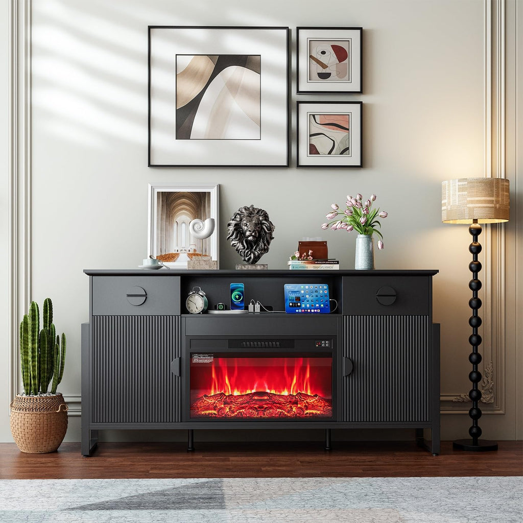 Naice TV Stand for 80 Inch TVs, LED Entertainment Center with Power Outlet, Farmhouse TV Stand w/Drawers & Sliding Barn Door, Media Console with Storage Cabinets for Living Room, White&Brown