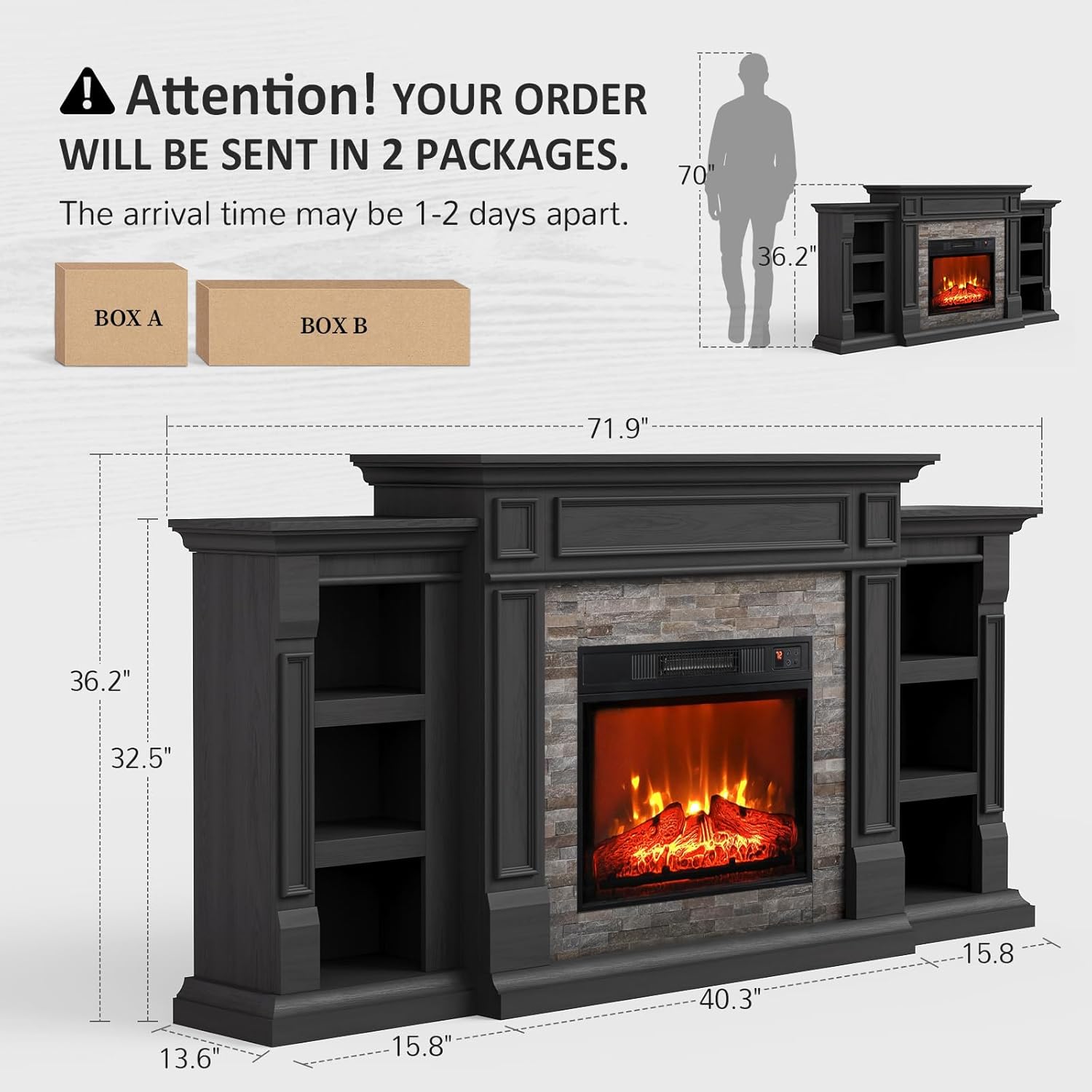 Naice 72" Electric Fireplace with Mantel and Cabinets, Fireplace TV Stand for Living Room Bedroom, Stacked Stone Surround and Remote Control 3D Realistic Flame, Black