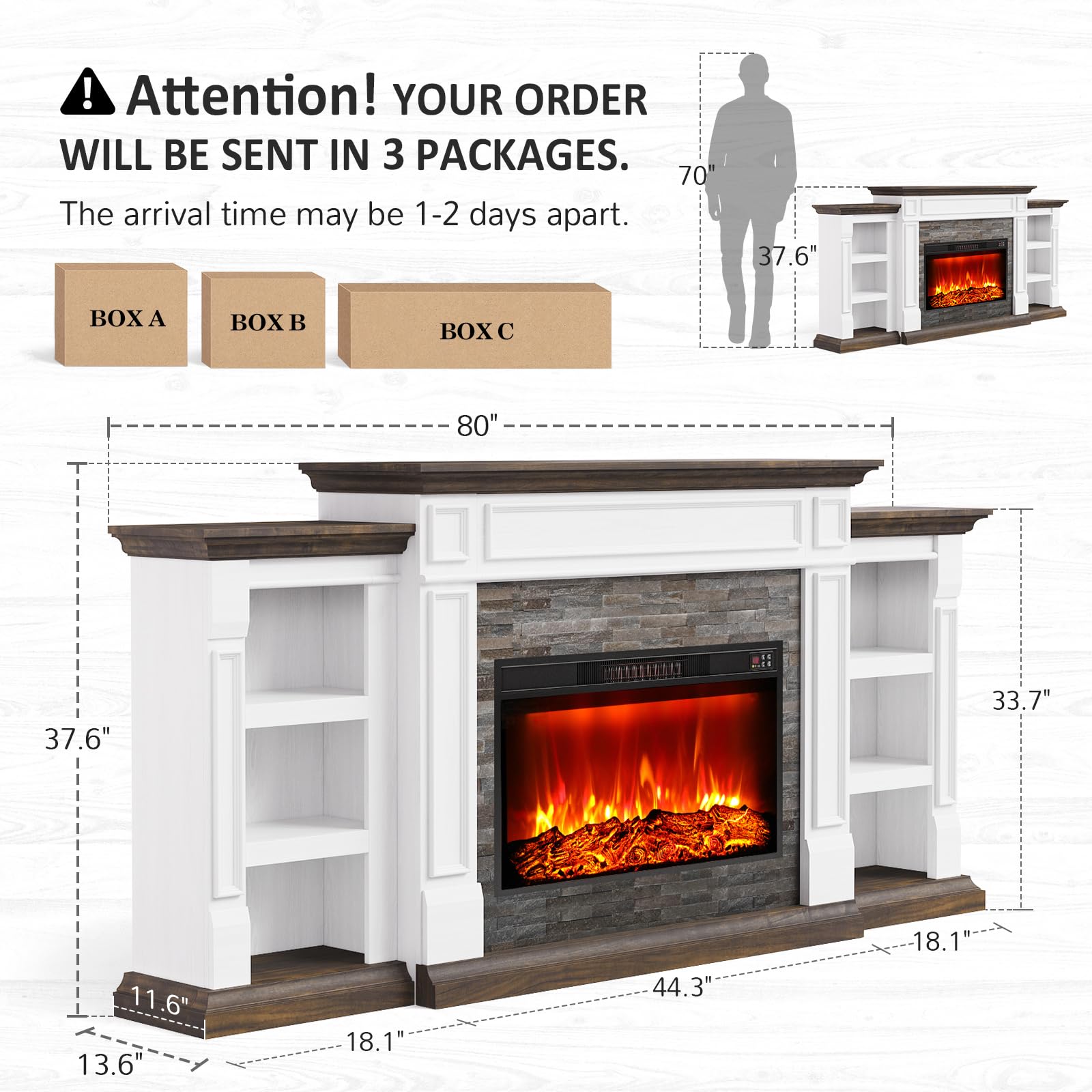 Naice 72" Electric Fireplace with Mantel and Cabinets
