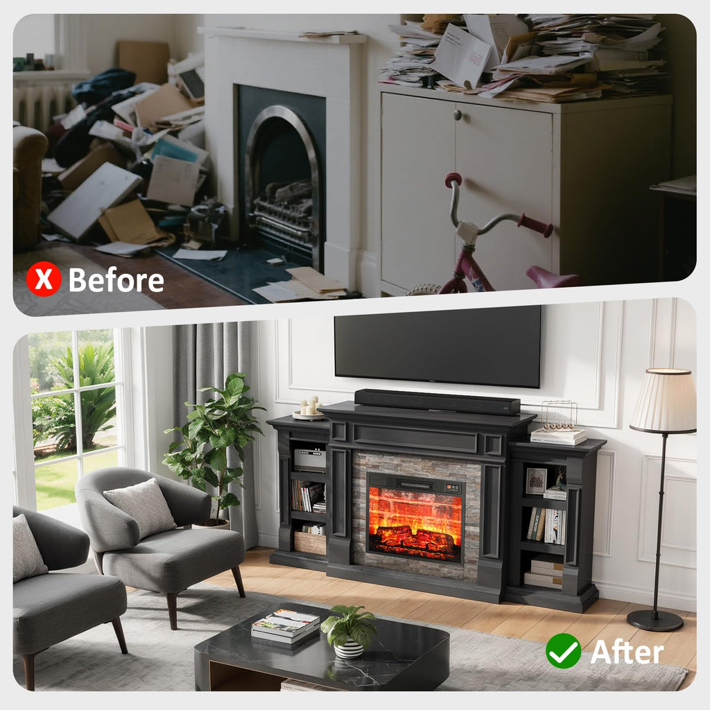 Naice 72" Electric Fireplace with Mantel and Cabinets, Fireplace TV Stand for Living Room Bedroom, Stacked Stone Surround and Remote Control 3D Realistic Flame, Black