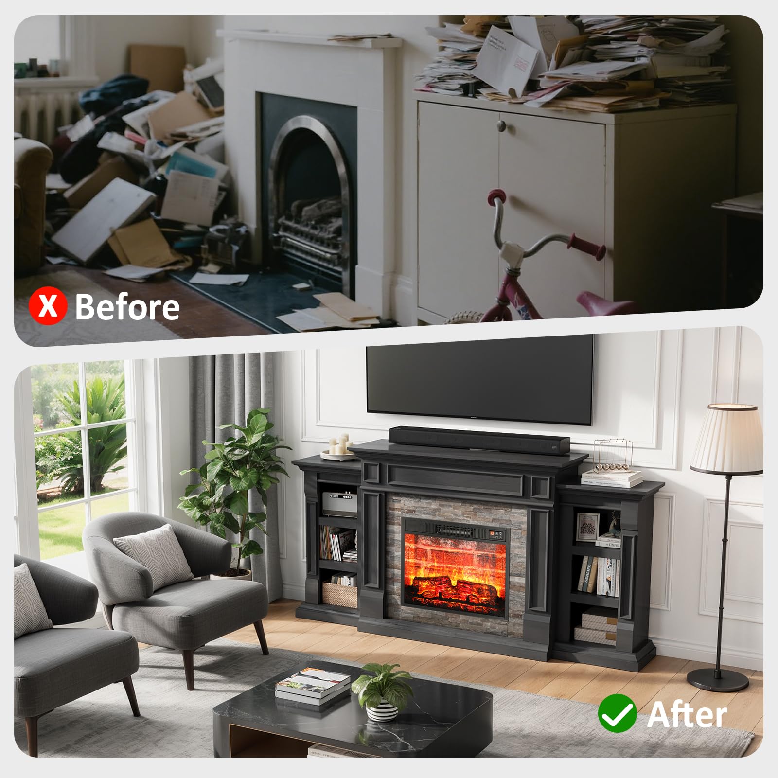 Naice 72" Electric Fireplace with Mantel and Cabinets, Fireplace TV Stand for Living Room Bedroom, Stacked Stone Surround and Remote Control 3D Realistic Flame, Black