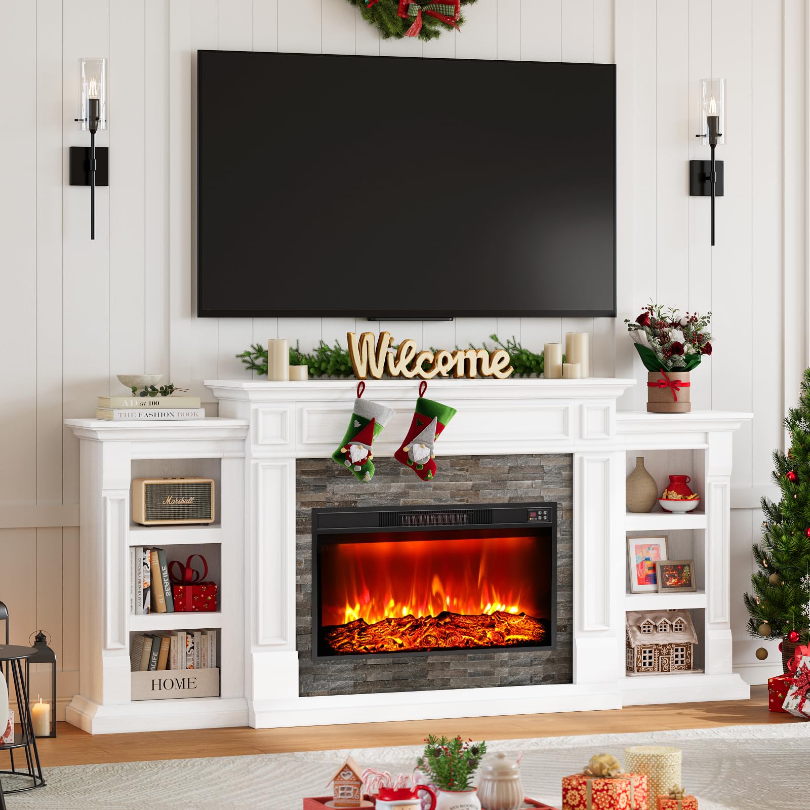44" Electric Fireplace Mantel, LED Farmhouse TV Stand with Electric Fireplace Heater, Stacked Stone Surround and Remote Control 3D Realistic Flame, White Fireplace for Living Room Bedroom