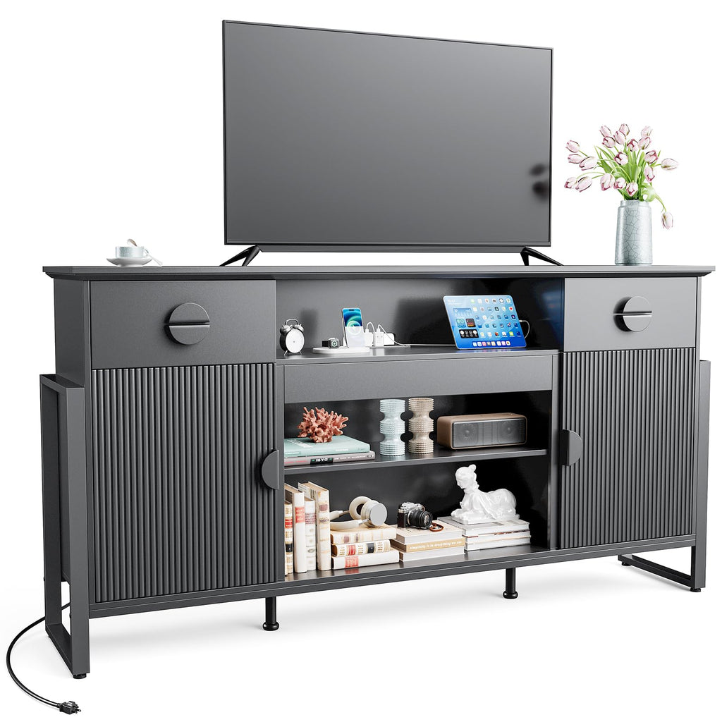 Naice TV Stand for 80 Inch TVs, LED Entertainment Center with Power Outlet, Farmhouse TV Stand w/Drawers & Sliding Barn Door, Media Console with Storage Cabinets for Living Room, White&Brown