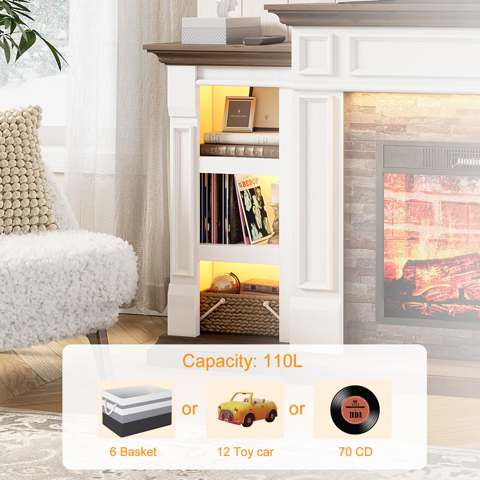 Naice 72" Electric Fireplace with Mantel and Cabinets, Fireplace TV Stand for Living Room Bedroom, Stacked Stone Surround and Remote Control 3D Realistic Flame, Black