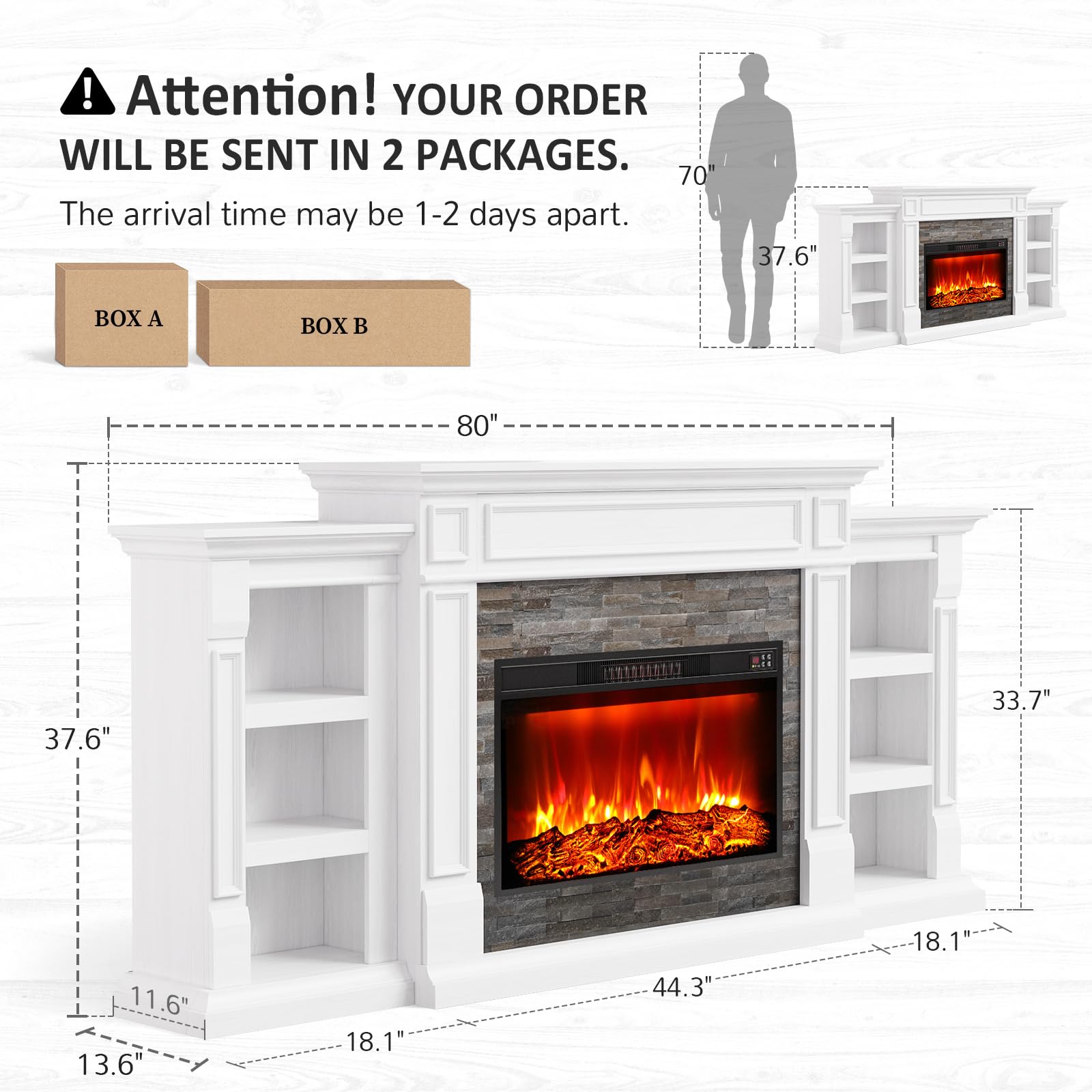 44" Electric Fireplace Mantel, LED Farmhouse TV Stand with Electric Fireplace Heater, Stacked Stone Surround and Remote Control 3D Realistic Flame, White Fireplace for Living Room Bedroom