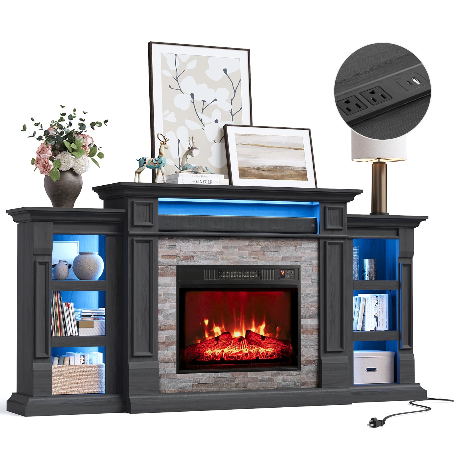 Naice 80" Electric Fireplace with Mantel and Cabinets