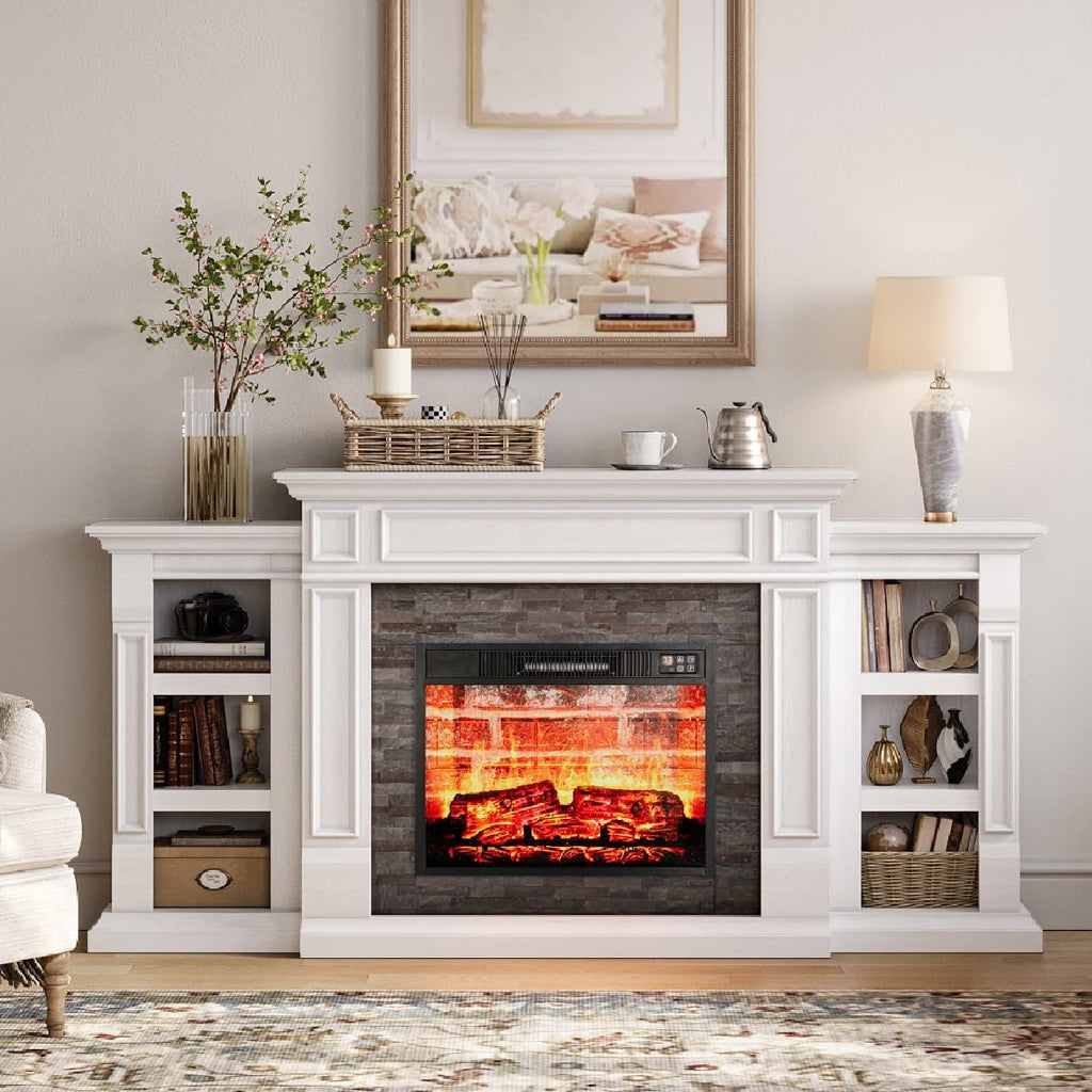 Naice 72" Electric Fireplace with Mantel and Cabinets, Fireplace TV Stand for Living Room Bedroom, Stacked Stone Surround and Remote Control 3D Realistic Flame, Black