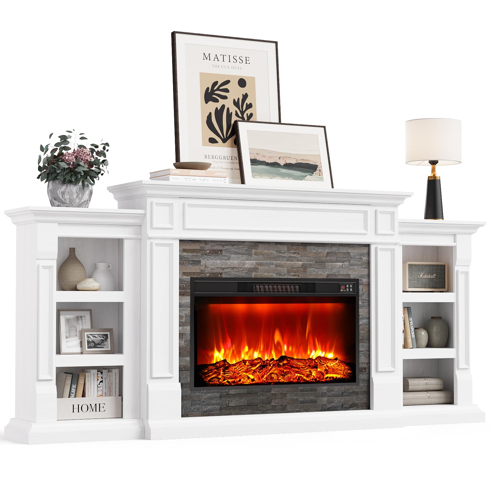 Naice 72" Electric Fireplace with Mantel and Cabinets, Fireplace TV Stand for Living Room Bedroom, Stacked Stone Surround and Remote Control 3D Realistic Flame