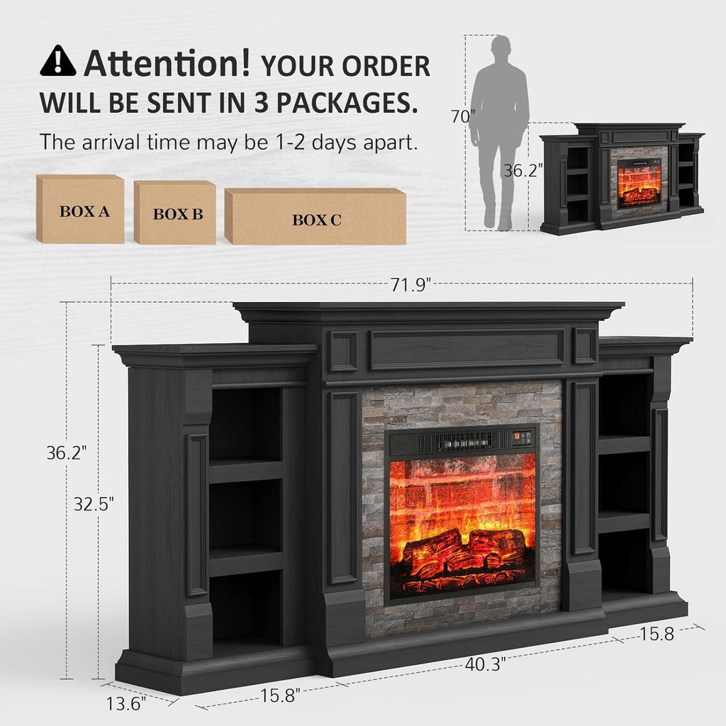 Naice 72" Electric Fireplace with Mantel and Cabinets, Fireplace TV Stand for Living Room Bedroom, Stacked Stone Surround and Remote Control 3D Realistic Flame