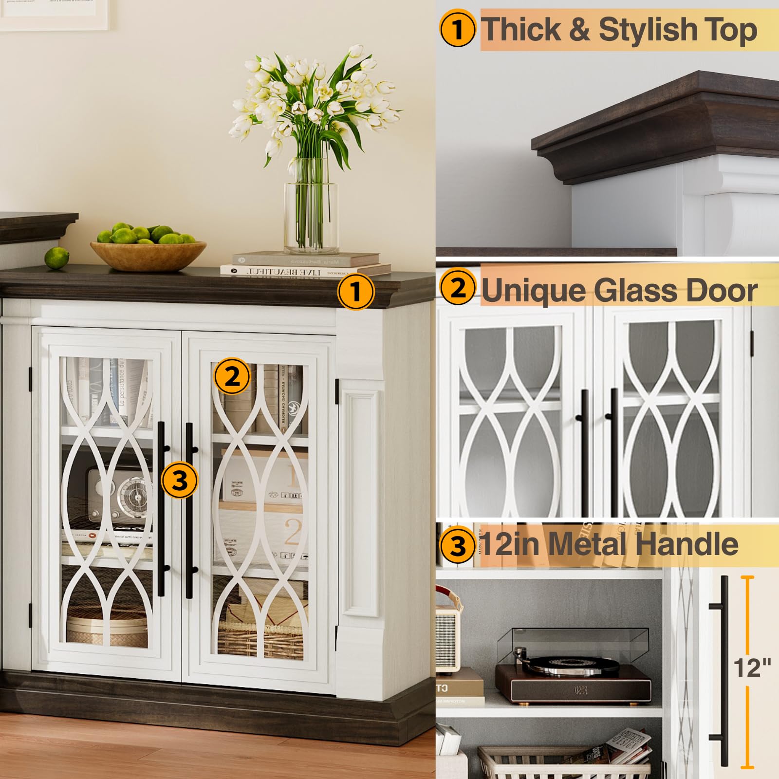 Naice Large Buffet Cabinet with Storage, 60" Sideboard Cabinets with 4 Tempered Glass Doors, Modern Farmhouse Coffee Bar Cabinet, Kitchen Buffet Table with Adjustable Shelf for Living Dining Room