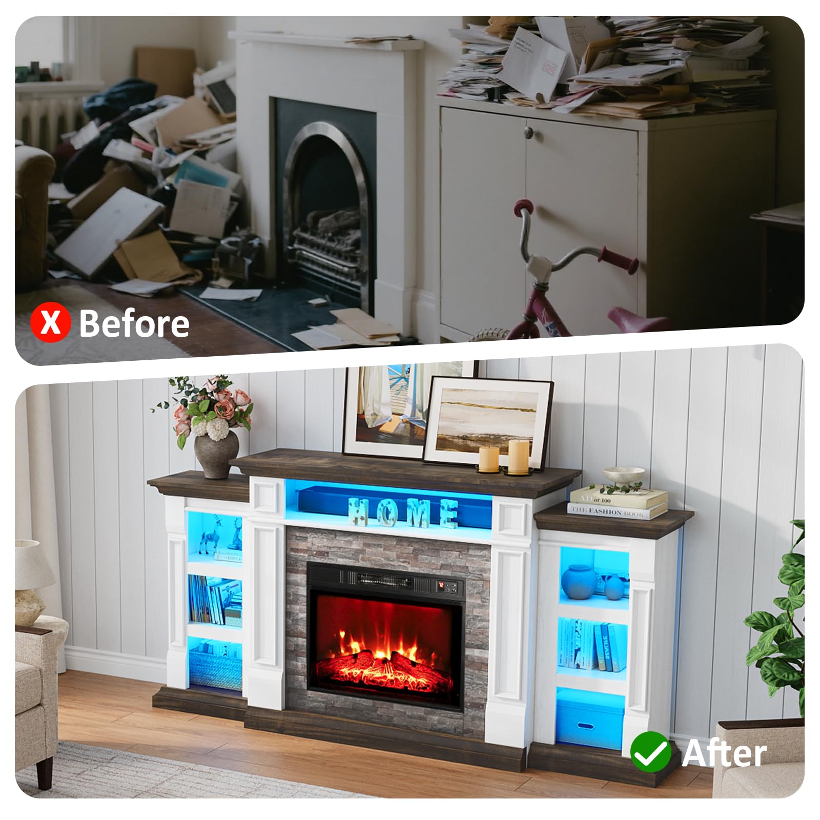 Naice 72" Electric Fireplace with Mantel and Cabinets
