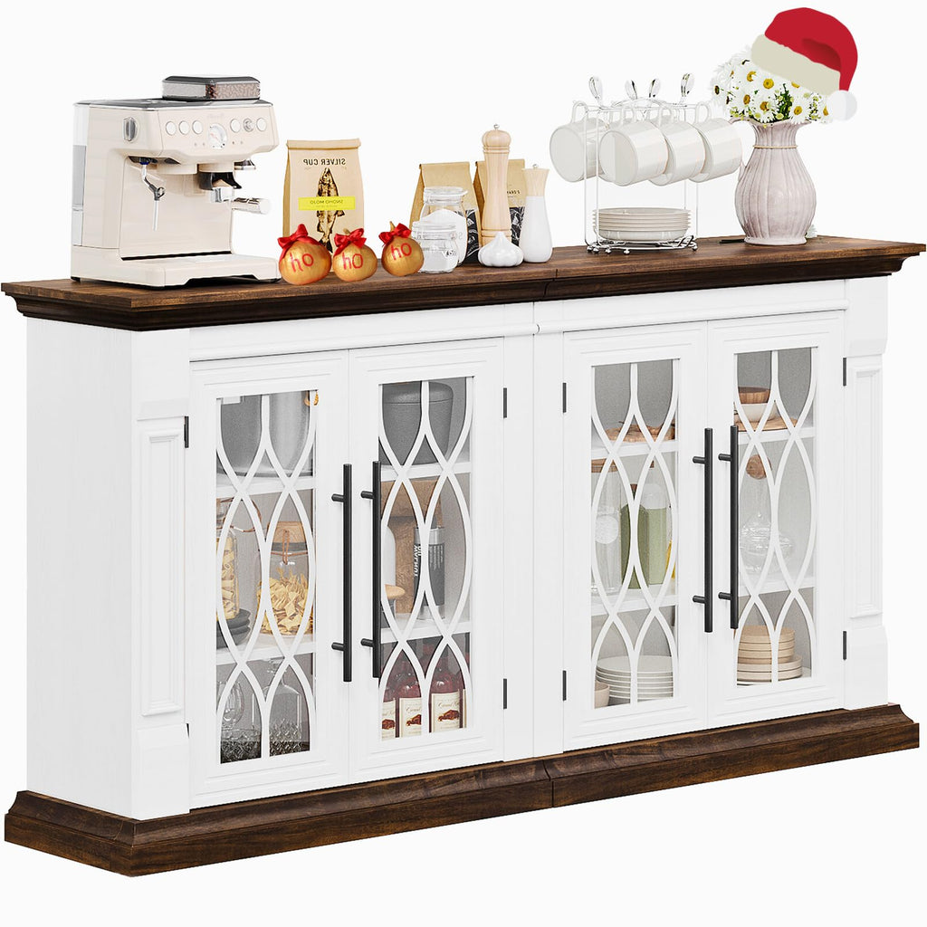 Naice Large Buffet Cabinet with Storage, 60" Sideboard Cabinets with 4 Tempered Glass Doors, Modern Farmhouse Coffee Bar Cabinet, Kitchen Buffet Table with Adjustable Shelf for Living Dining Room