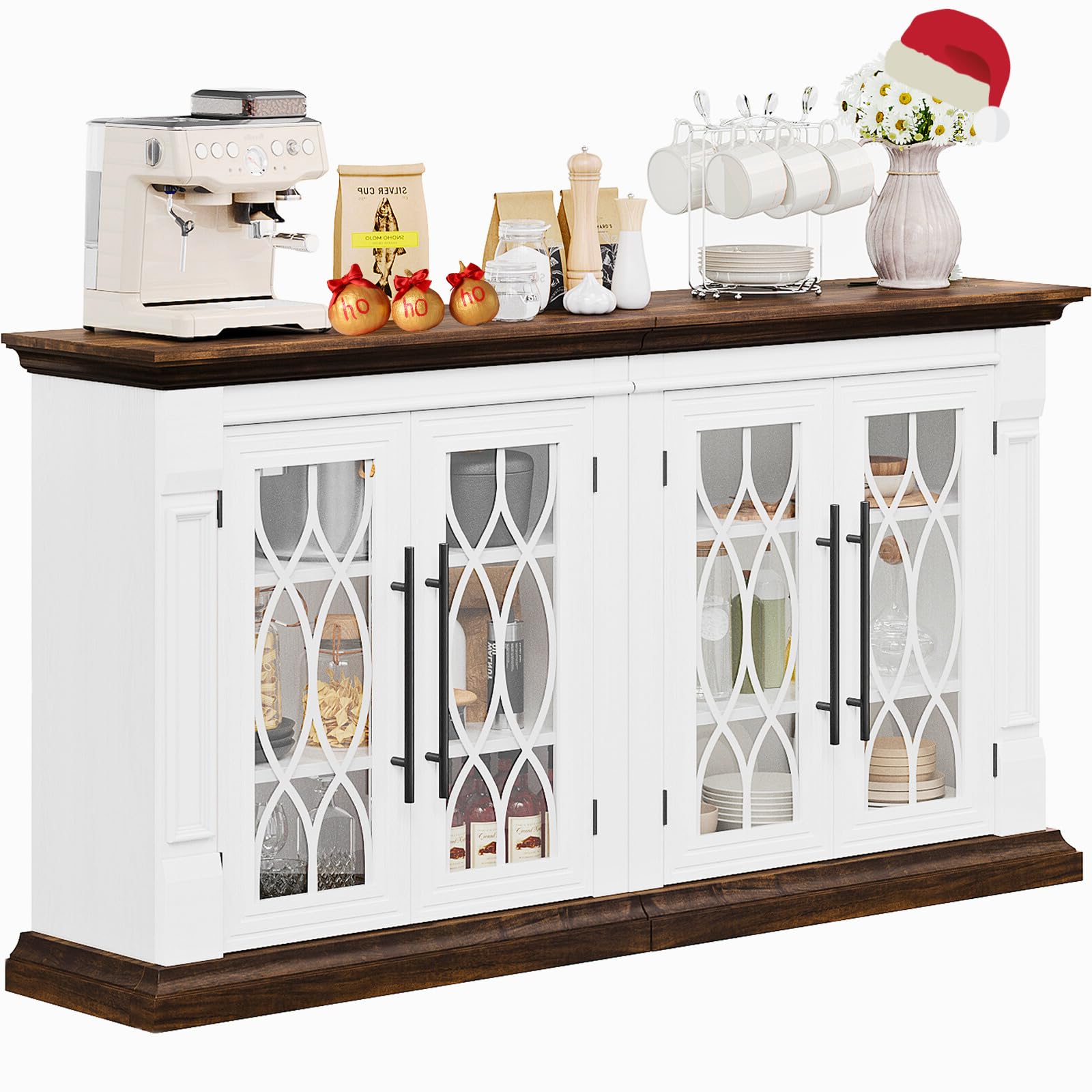 Naice Large Buffet Cabinet with Storage, 60" Sideboard Cabinets with 4 Tempered Glass Doors, Modern Farmhouse Coffee Bar Cabinet, Kitchen Buffet Table with Adjustable Shelf for Living Dining Room