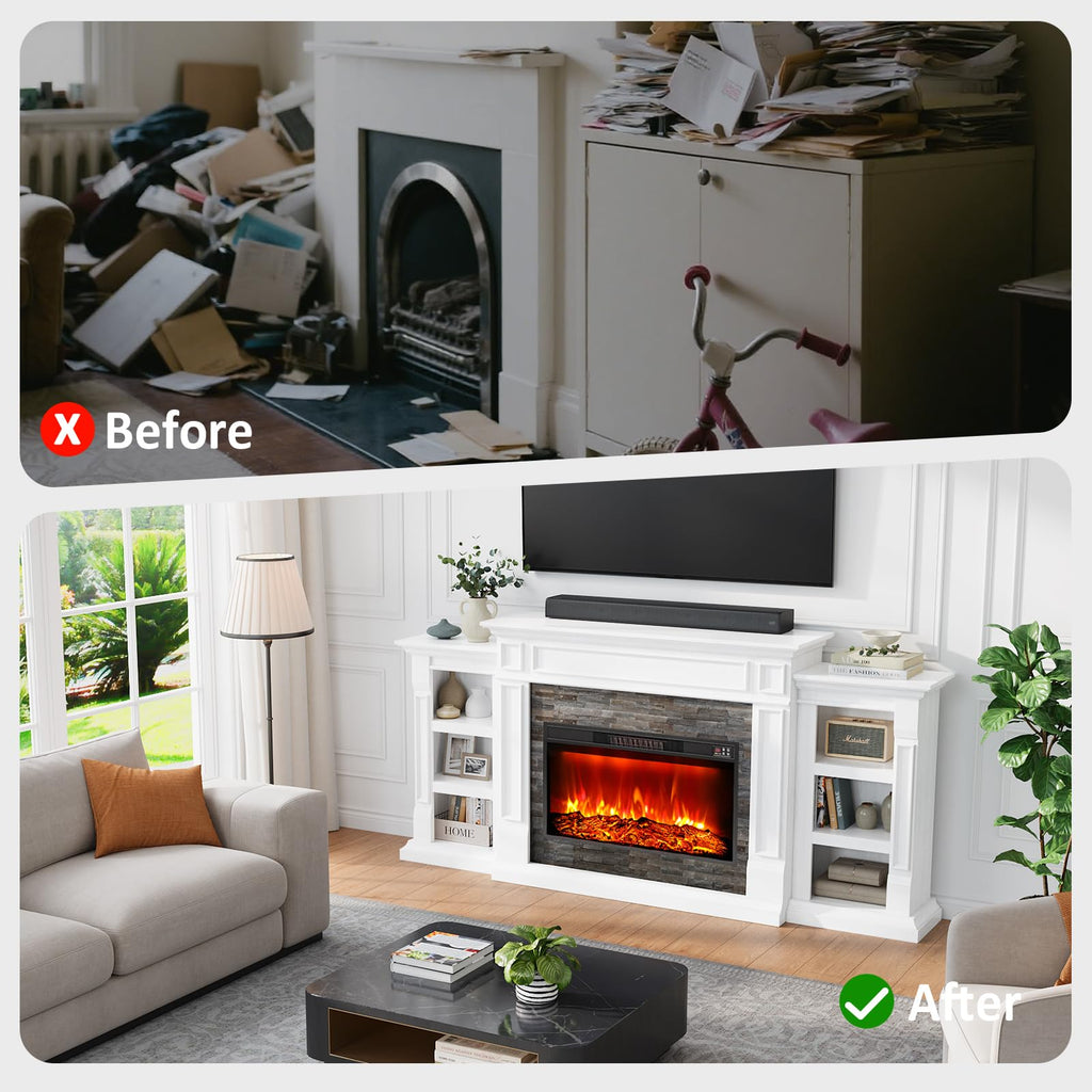 44" Electric Fireplace Mantel, LED Farmhouse TV Stand with Electric Fireplace Heater, Stacked Stone Surround and Remote Control 3D Realistic Flame, White Fireplace for Living Room Bedroom