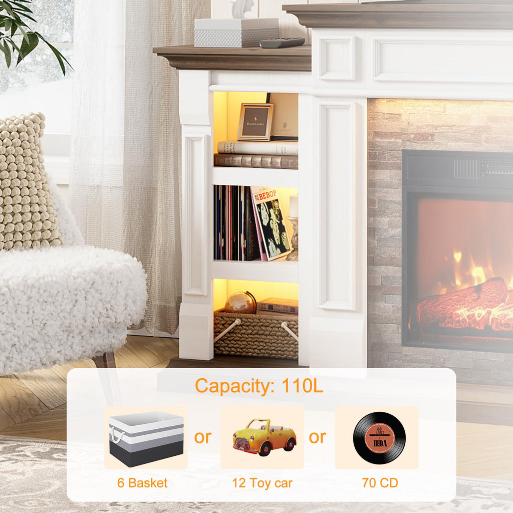 44" Electric Fireplace Mantel, LED Farmhouse TV Stand with Electric Fireplace Heater, Stacked Stone Surround and Remote Control 3D Realistic Flame, White Fireplace for Living Room Bedroom